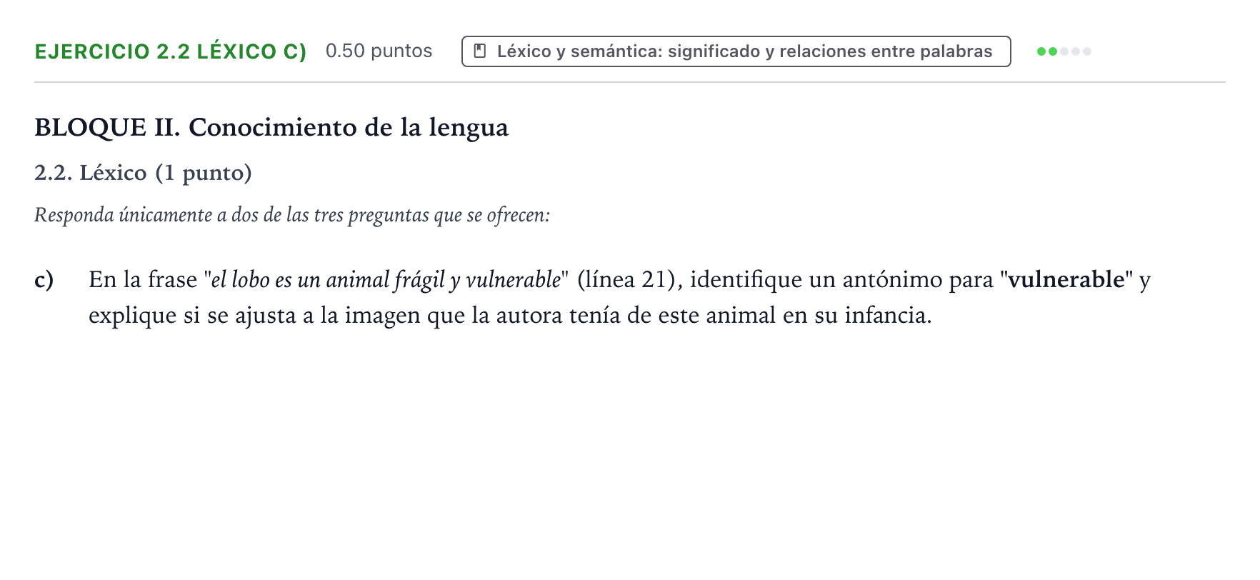 Enunciado: Ejercicio 2.2 Léxico c) · Lengua Castellana y Literatura II PAU Valencia Extraordinaria DANA 2025