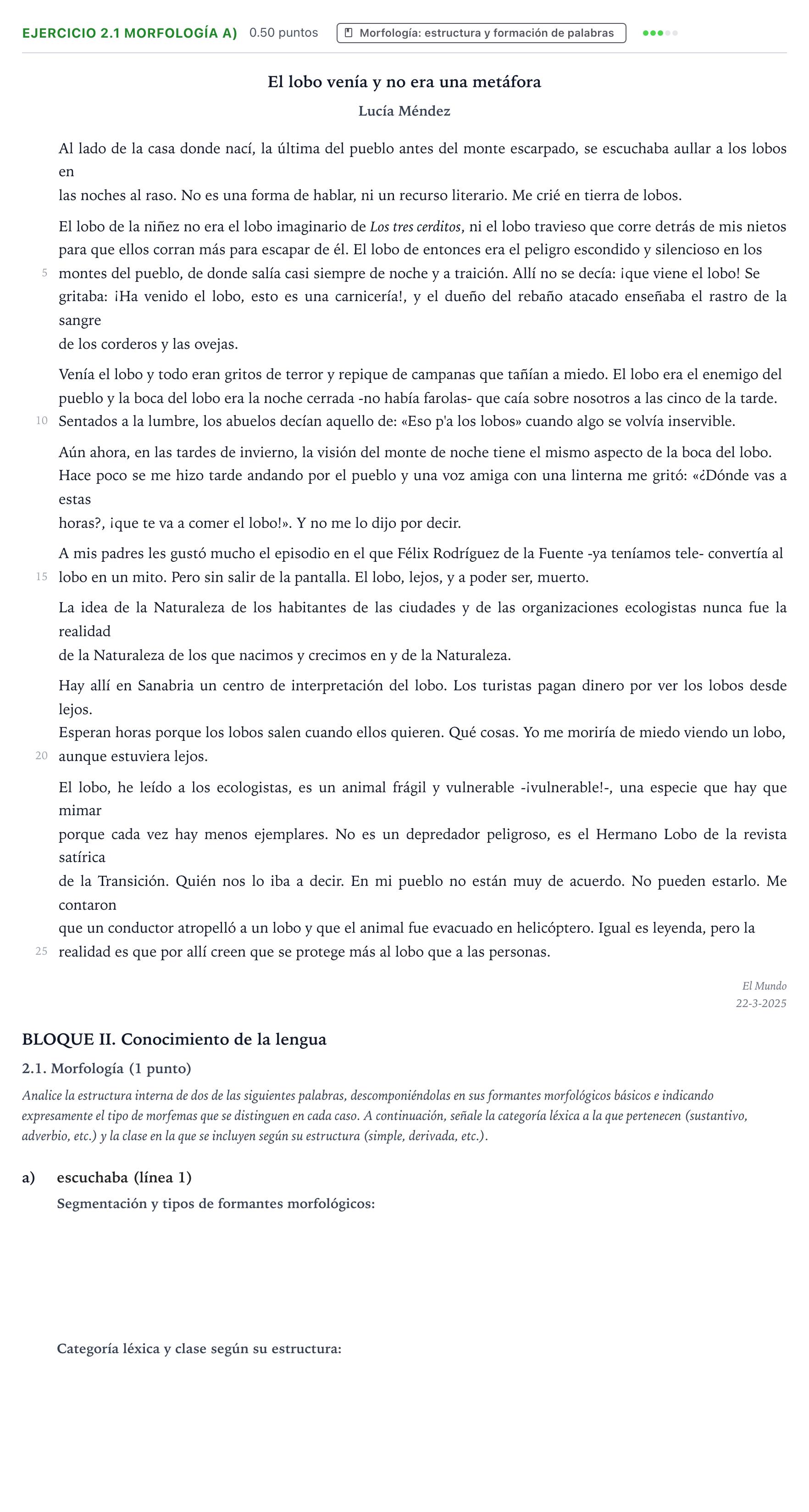Enunciado: Ejercicio 2.1 Morfología a) · Lengua Castellana y Literatura II PAU Valencia Extraordinaria DANA 2025