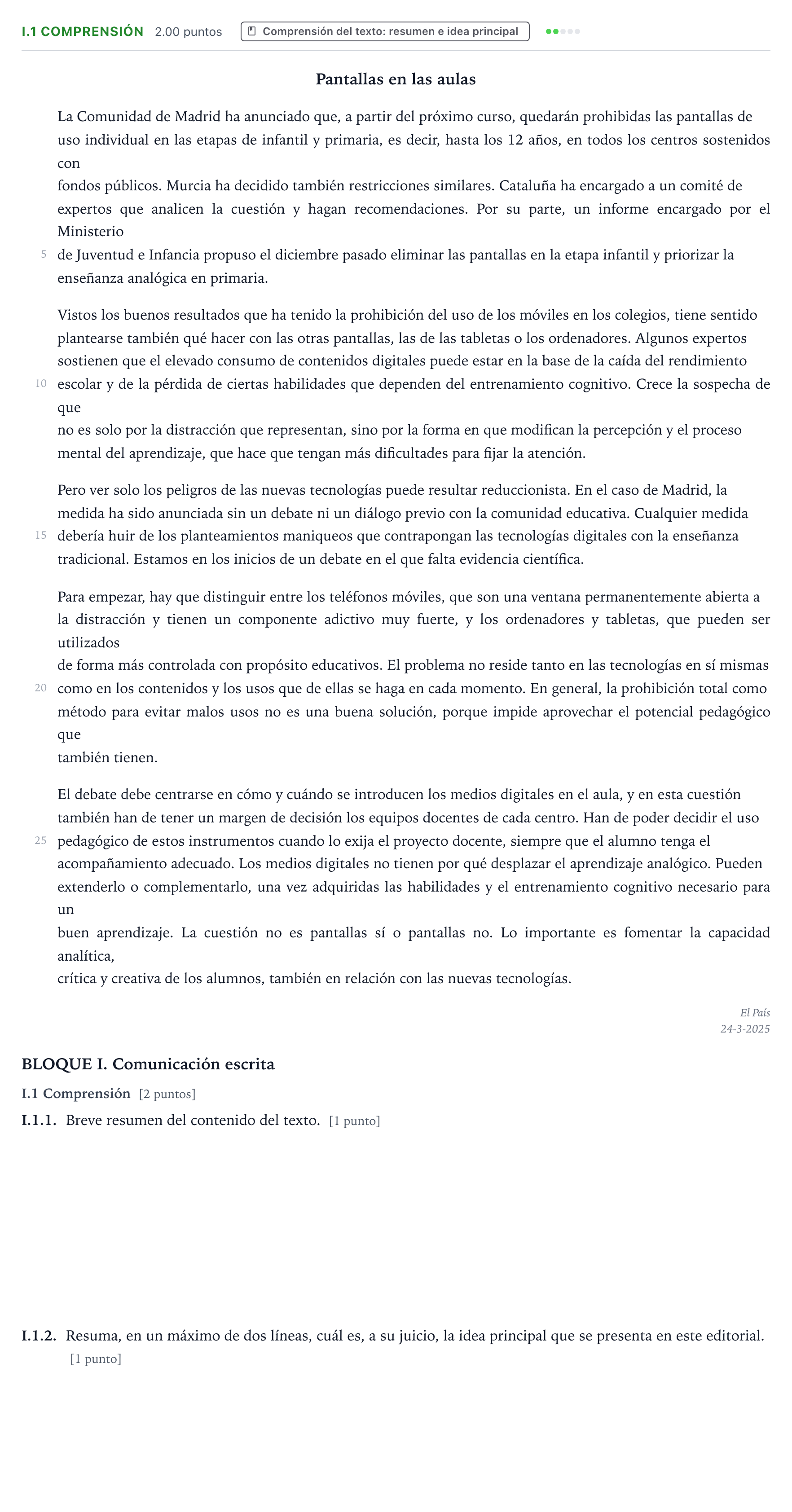 Enunciado: Ejercicio I.1 Comprensión · Lengua Castellana y Literatura II PAU Valencia Extraordinaria 2025
