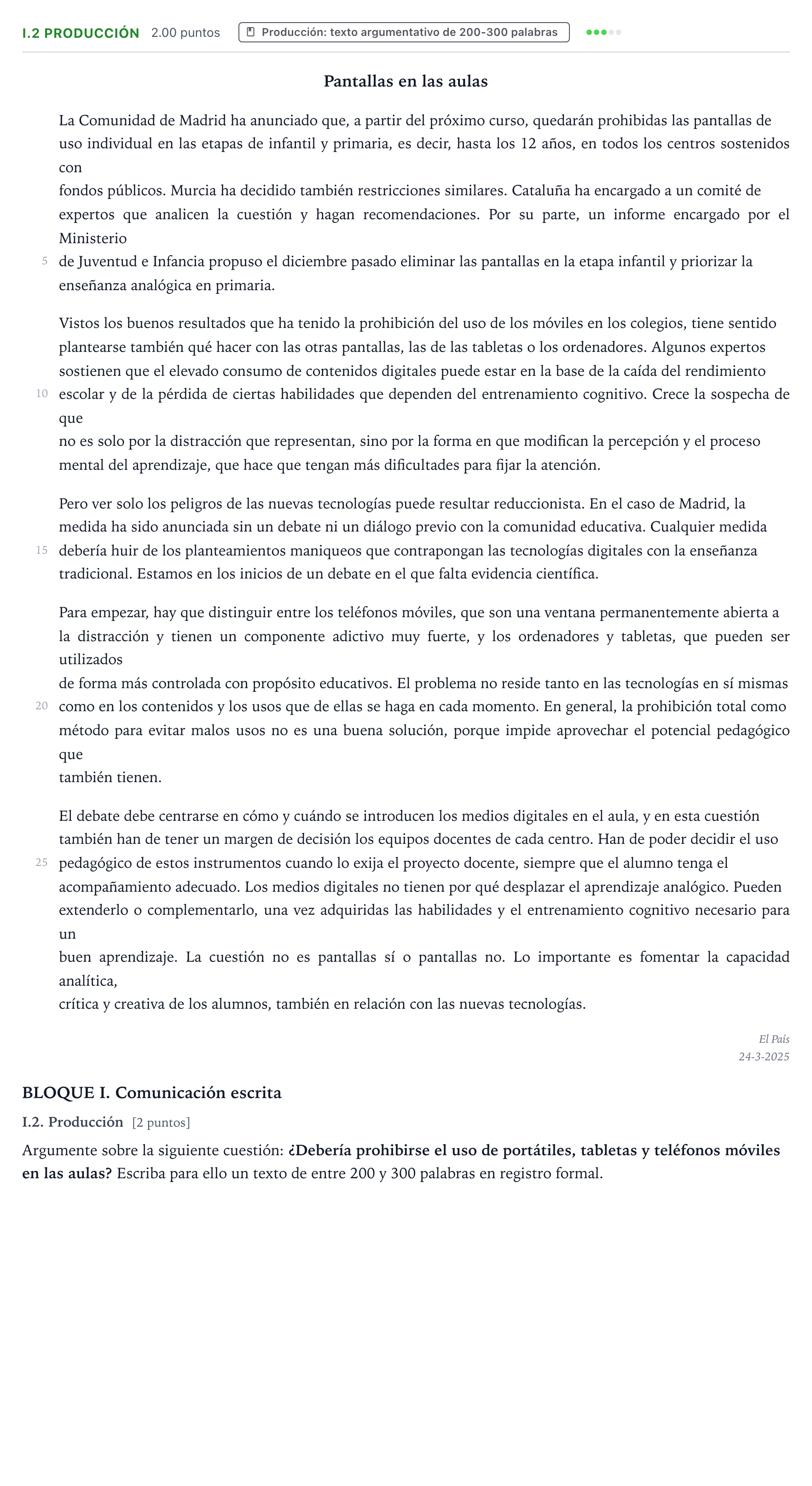 Enunciado: Ejercicio I.2 Producción · Lengua Castellana y Literatura II PAU Valencia Extraordinaria 2025