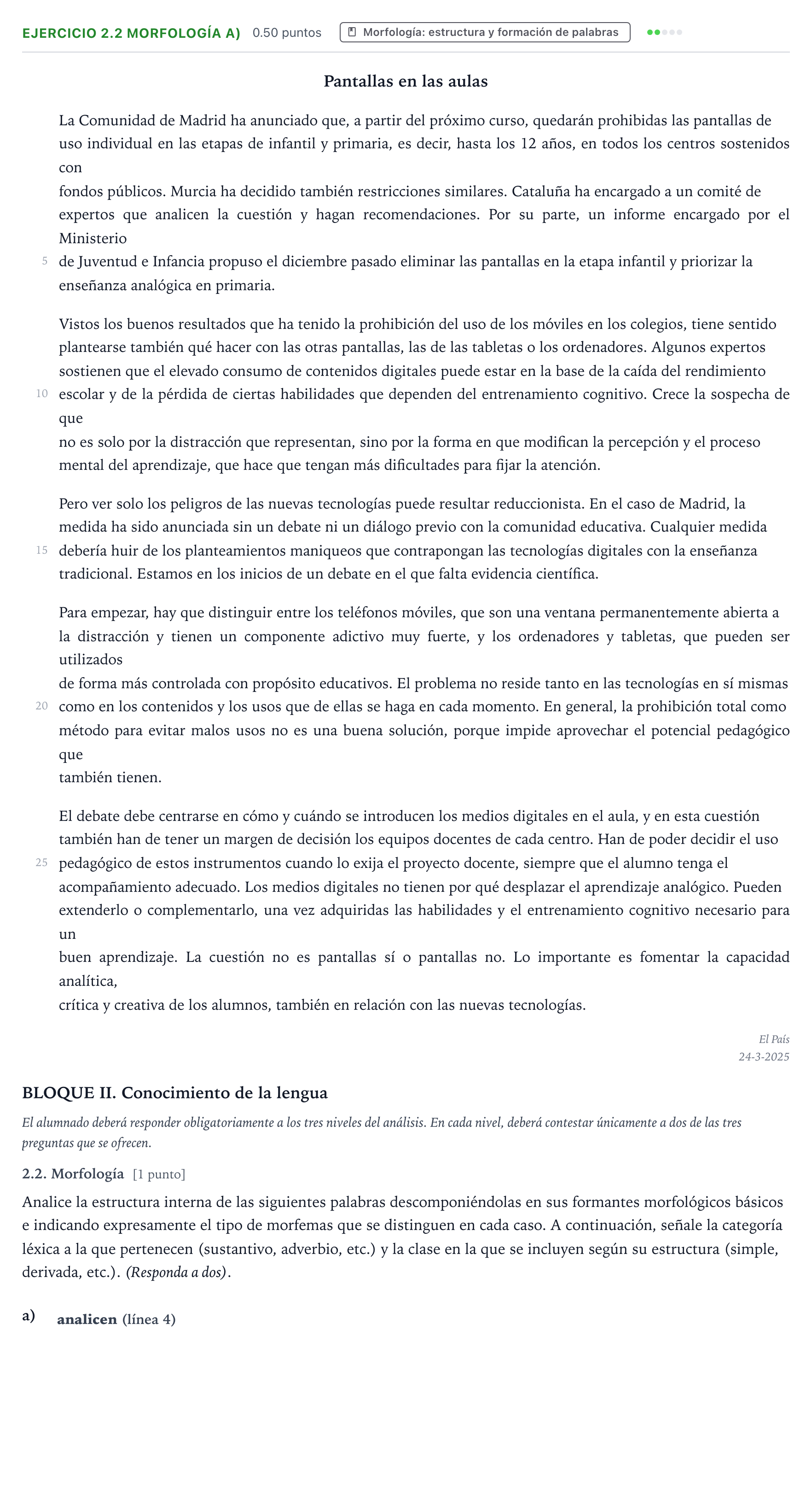 Enunciado: Ejercicio 2.2 Morfología a) · Lengua Castellana y Literatura II PAU Valencia Extraordinaria 2025