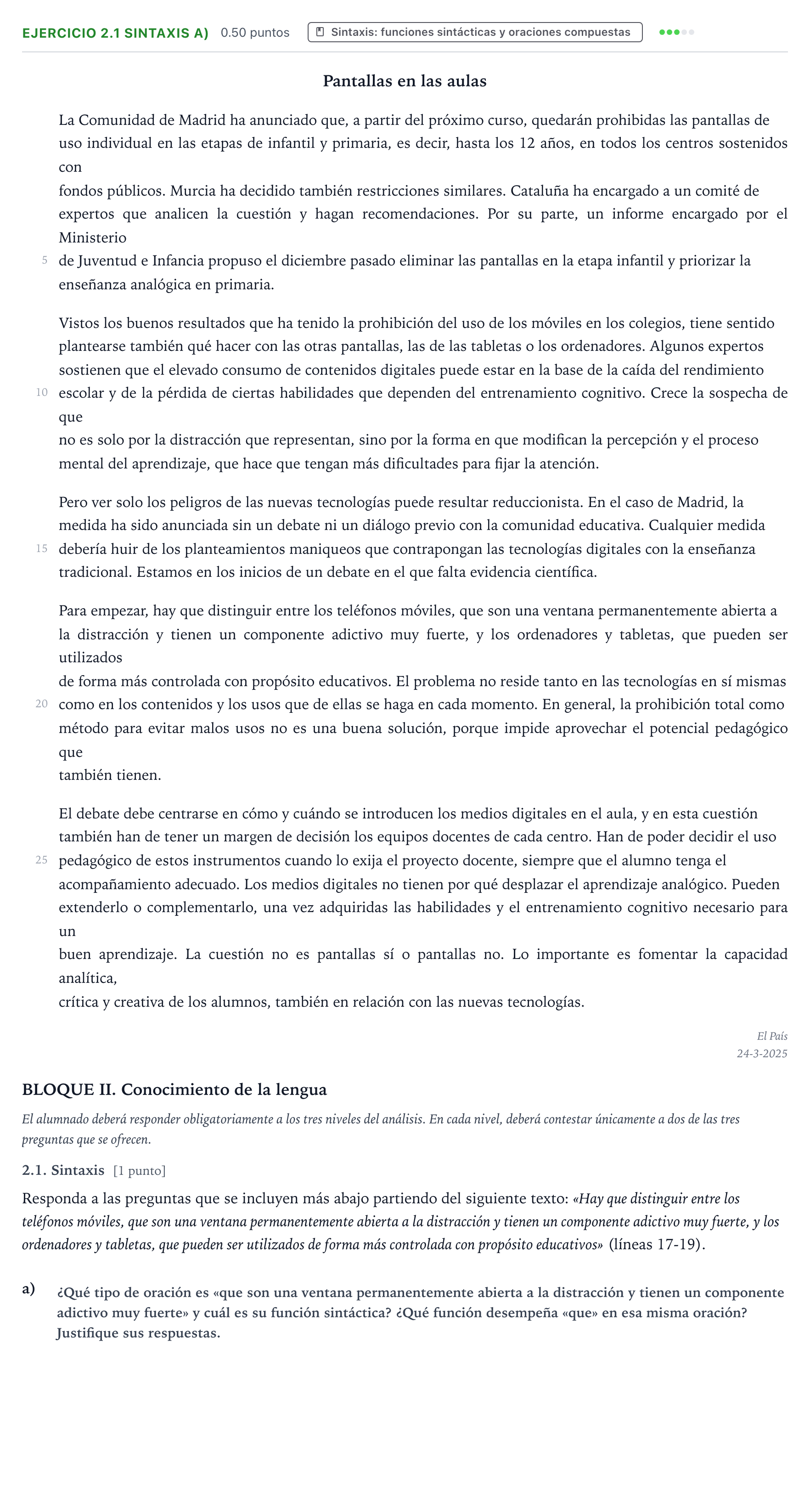 Enunciado: Ejercicio 2.1 Sintaxis a) · Lengua Castellana y Literatura II PAU Valencia Extraordinaria 2025