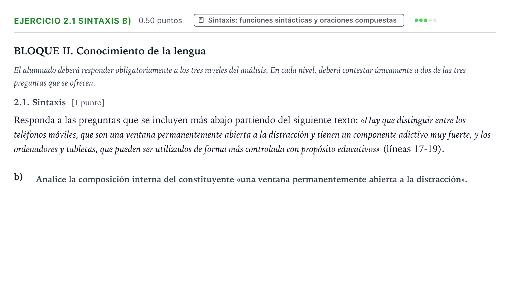 Enunciado: Ejercicio 2.1 Sintaxis b) · Lengua Castellana y Literatura II PAU Valencia Extraordinaria 2025