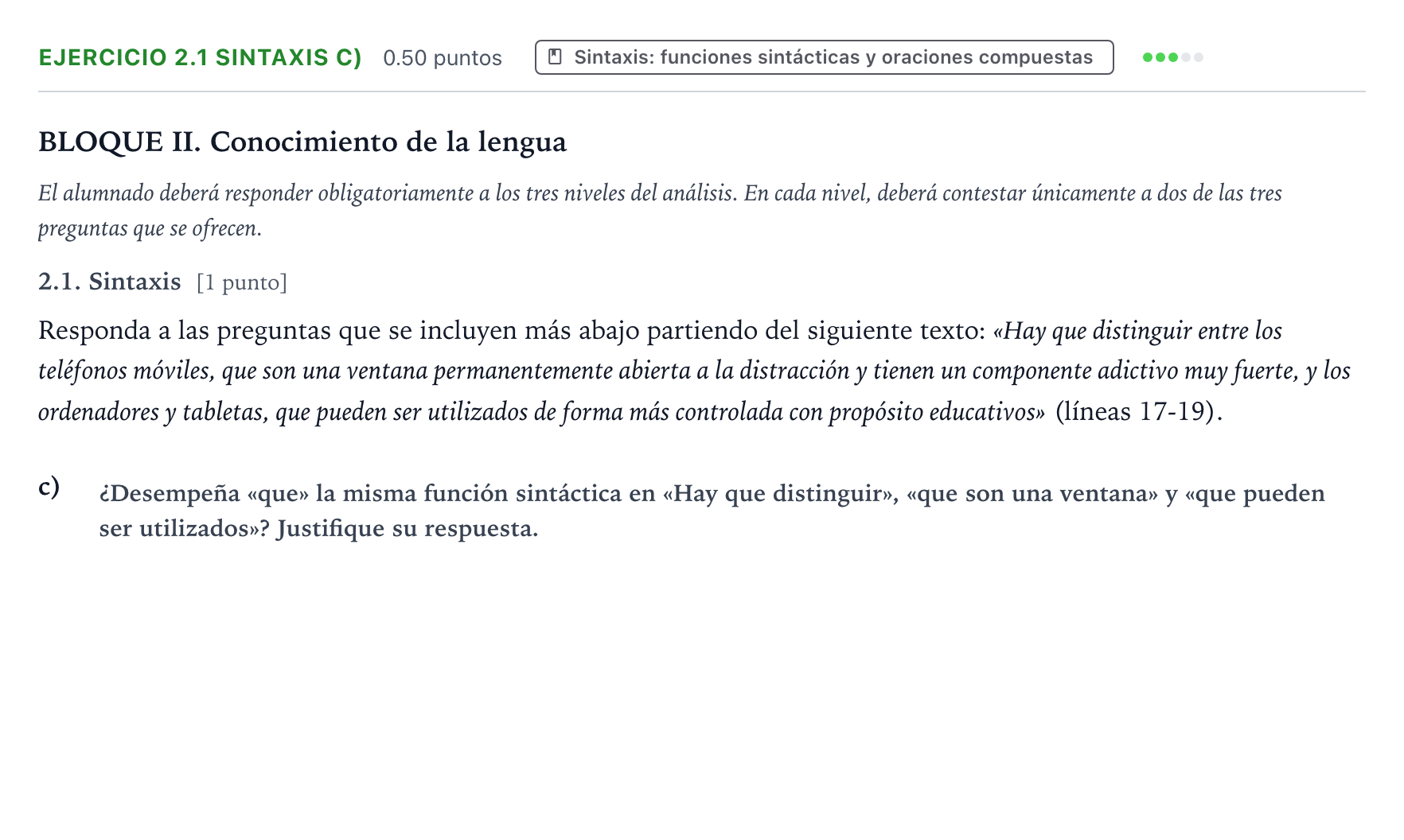 Enunciado: Ejercicio 2.1 Sintaxis c) · Lengua Castellana y Literatura II PAU Valencia Extraordinaria 2025