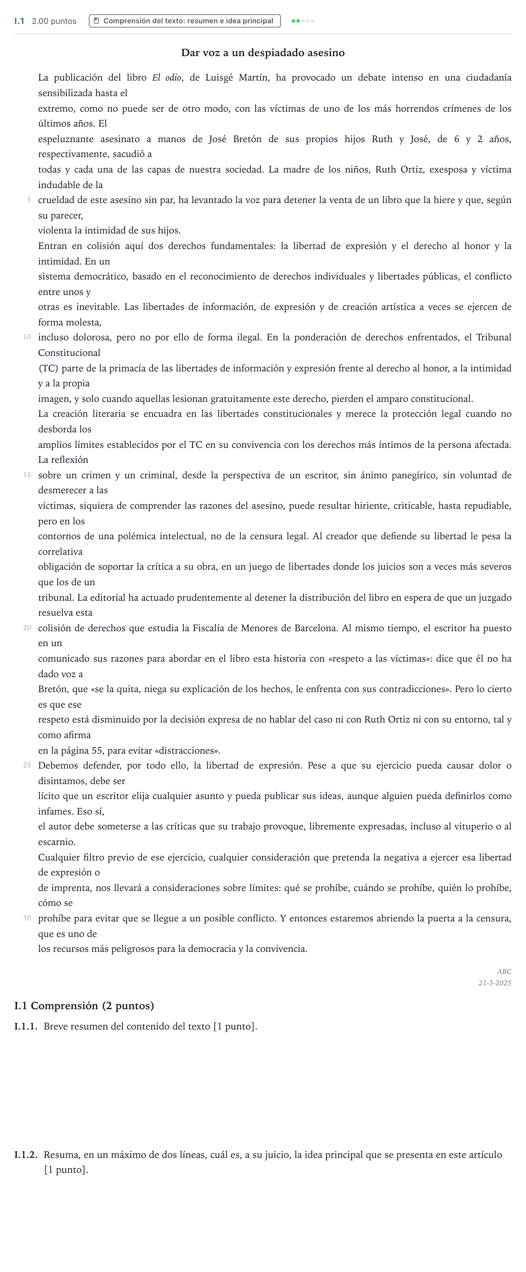 Enunciado: Ejercicio I.1 · Lengua Castellana y Literatura II PAU Valencia Ordinaria 2025
