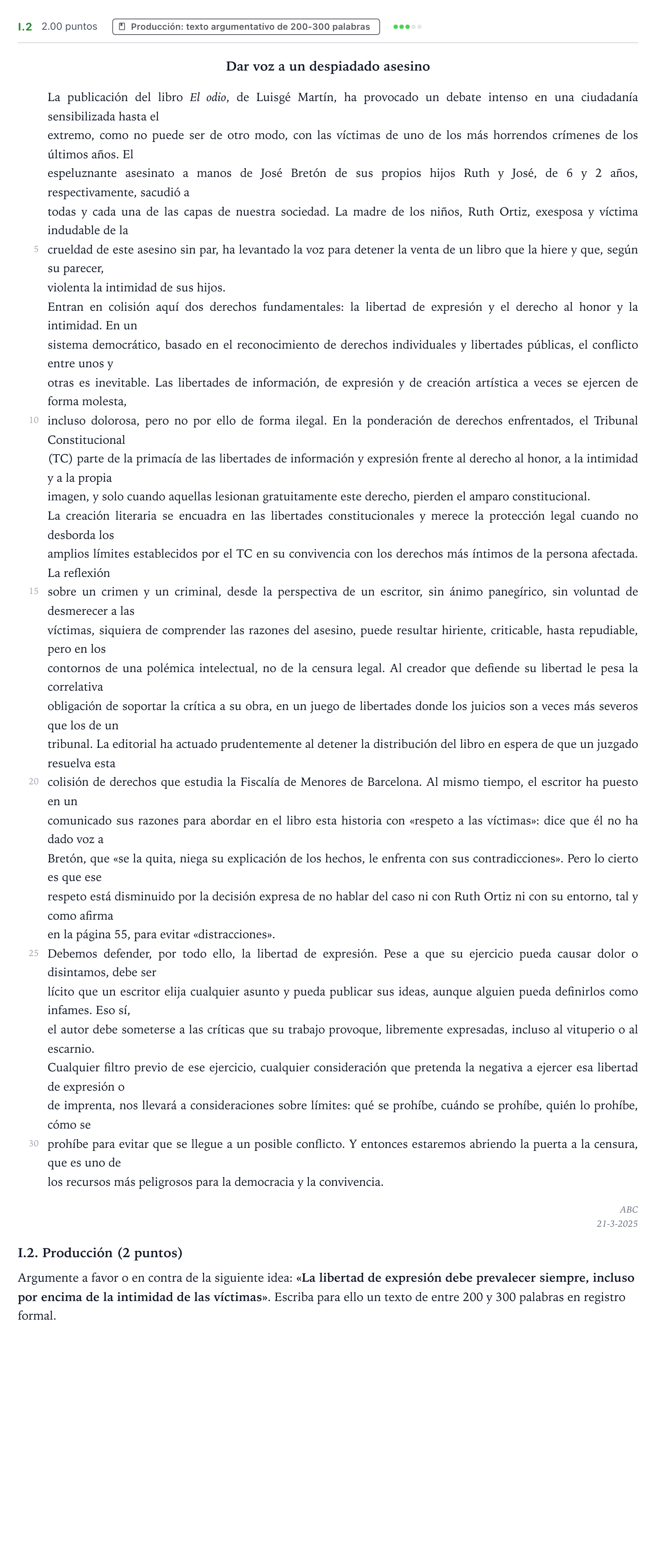 Enunciado: Ejercicio I.2 · Lengua Castellana y Literatura II PAU Valencia Ordinaria 2025
