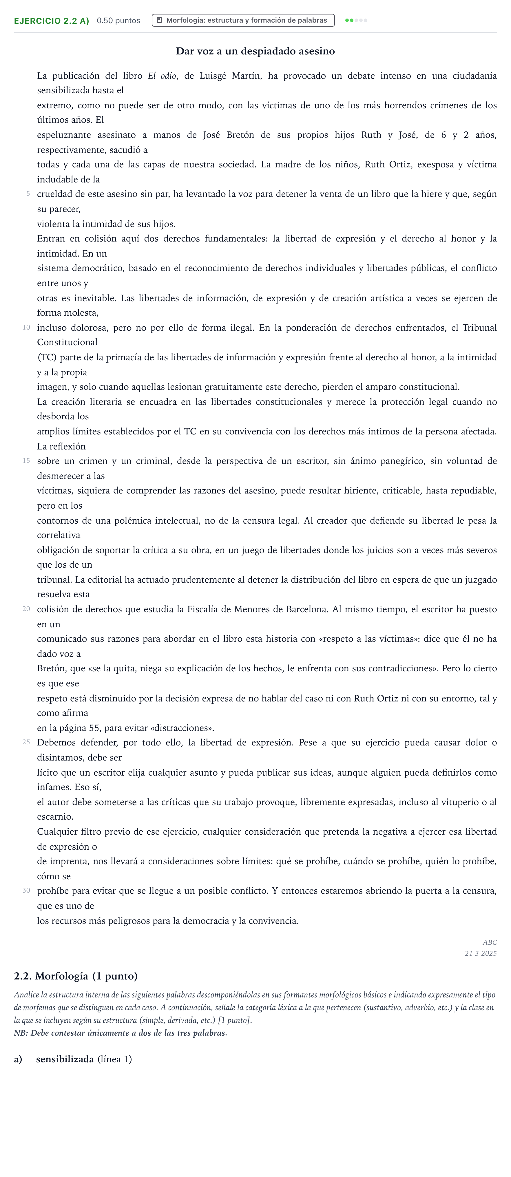 Enunciado: Ejercicio 2.2 a) · Lengua Castellana y Literatura II PAU Valencia Ordinaria 2025
