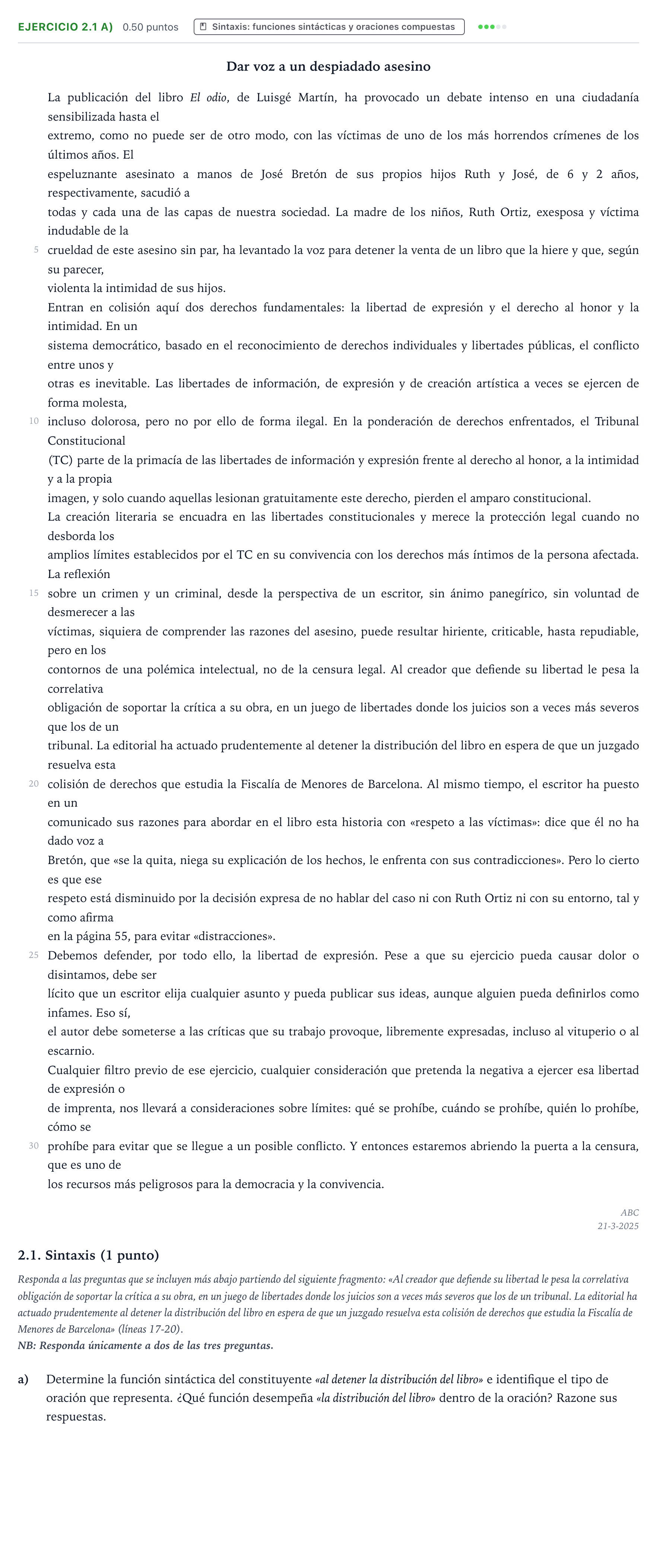 Enunciado: Ejercicio 2.1 a) · Lengua Castellana y Literatura II PAU Valencia Ordinaria 2025