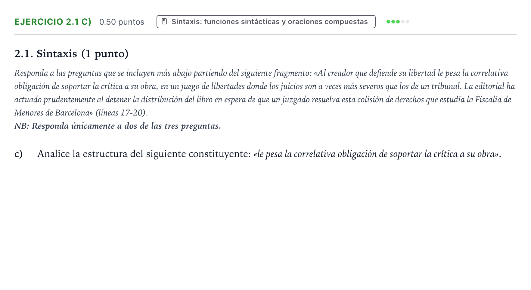 Enunciado: Ejercicio 2.1 c) · Lengua Castellana y Literatura II PAU Valencia Ordinaria 2025