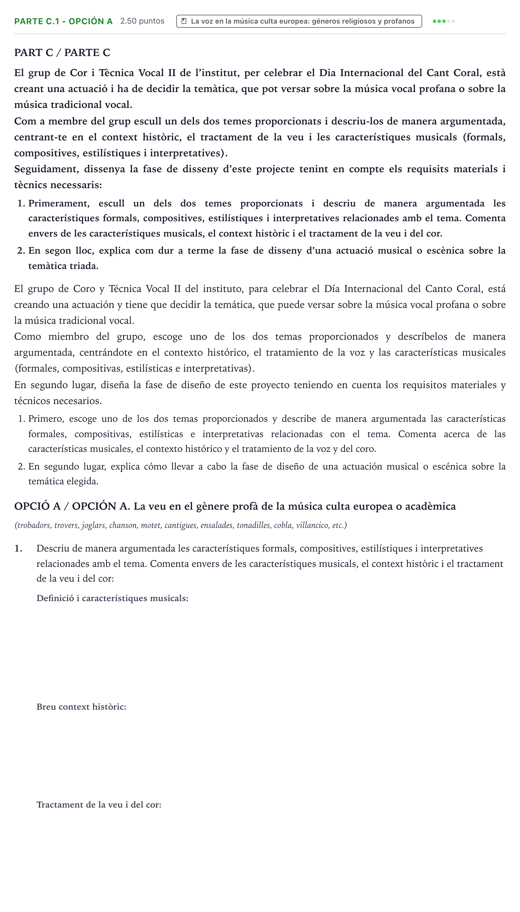 Enunciado: Ejercicio Parte C.1 - Opción A · Coro y Técnica Vocal PAU Valencia Extraordinaria 2025