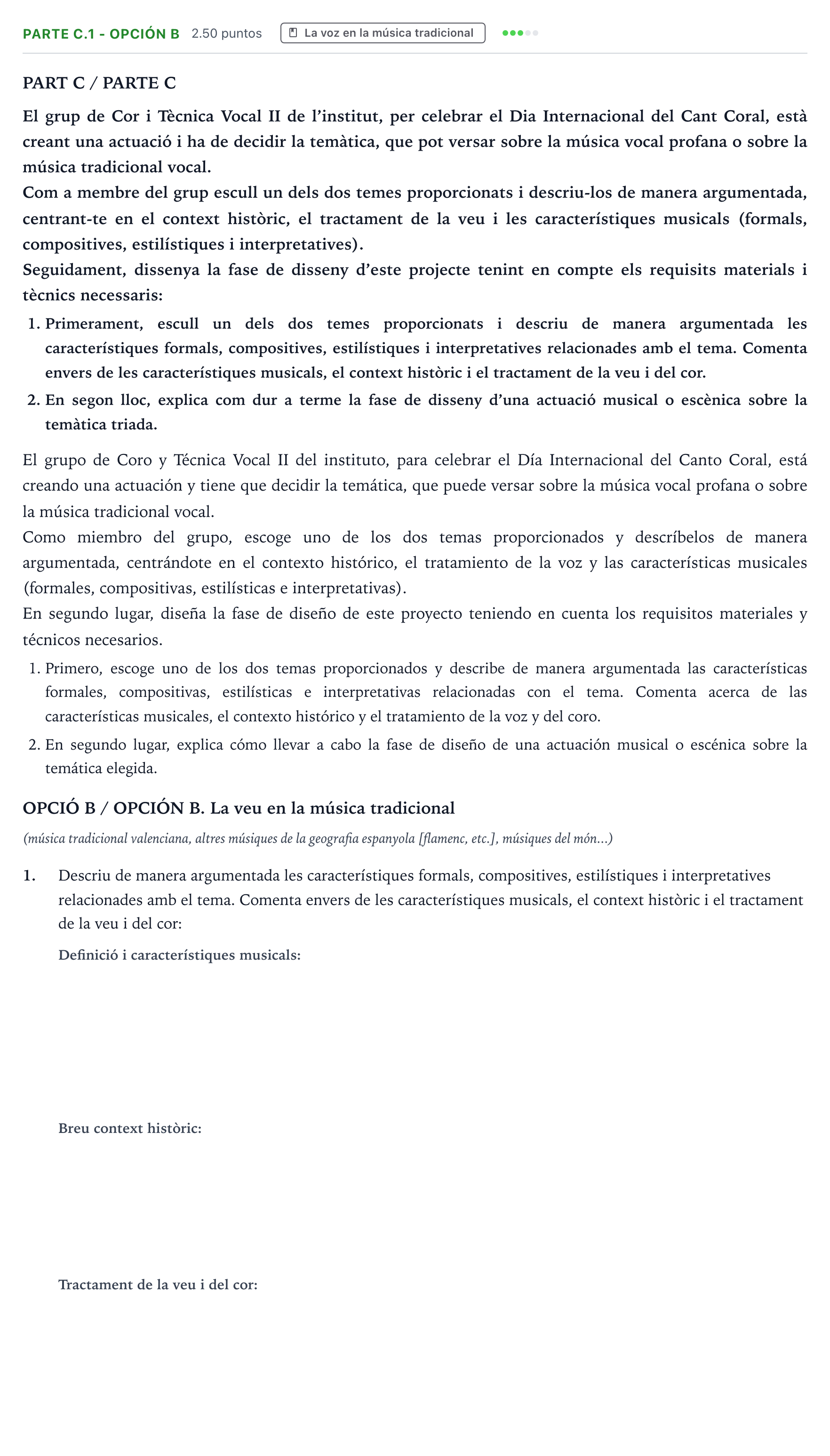 Enunciado: Ejercicio Parte C.1 - Opción B · Coro y Técnica Vocal PAU Valencia Extraordinaria 2025