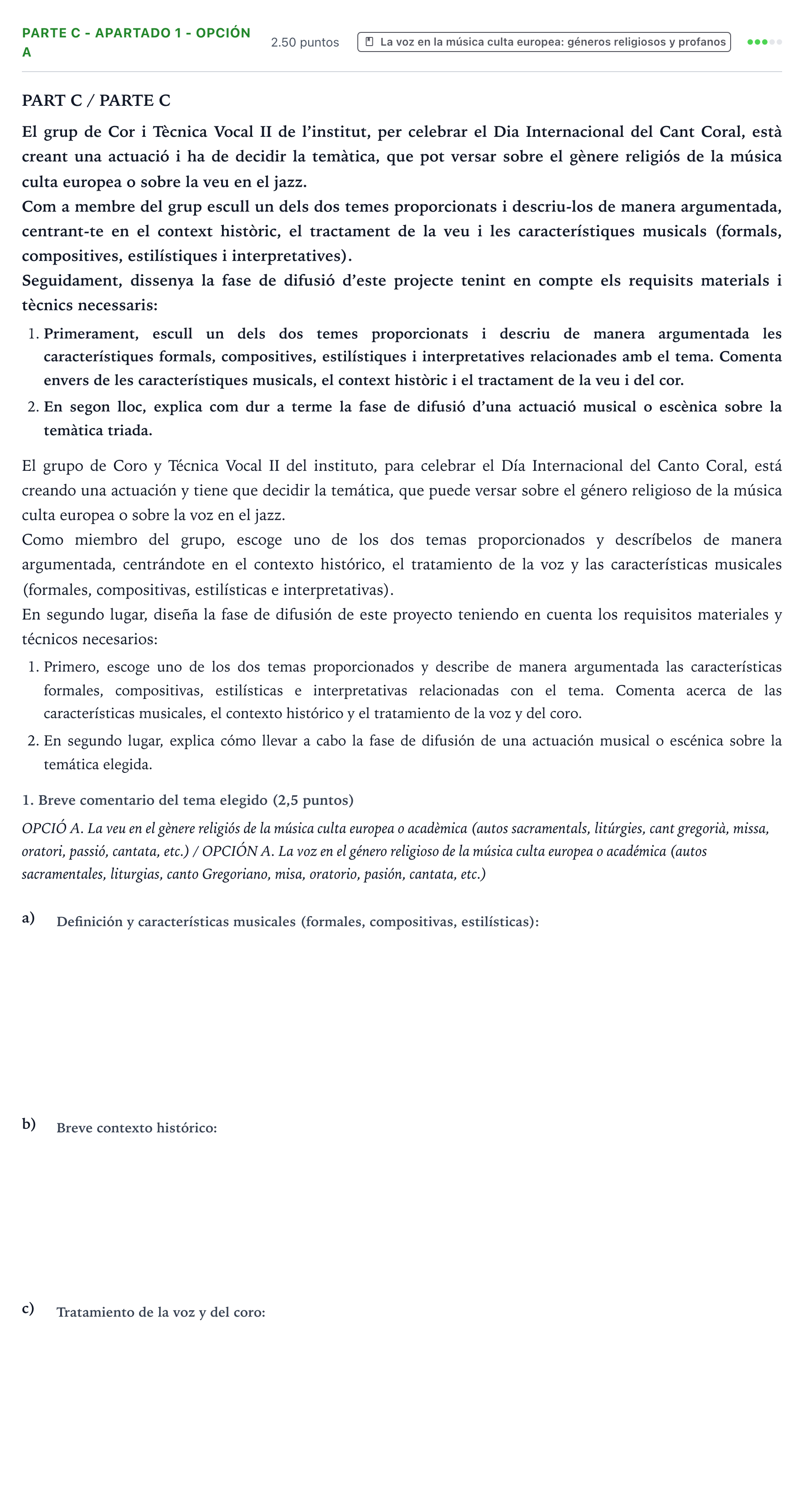 Enunciado: Ejercicio Parte C - Apartado 1 - Opción A · Coro y Técnica Vocal PAU Valencia Ordinaria 2025