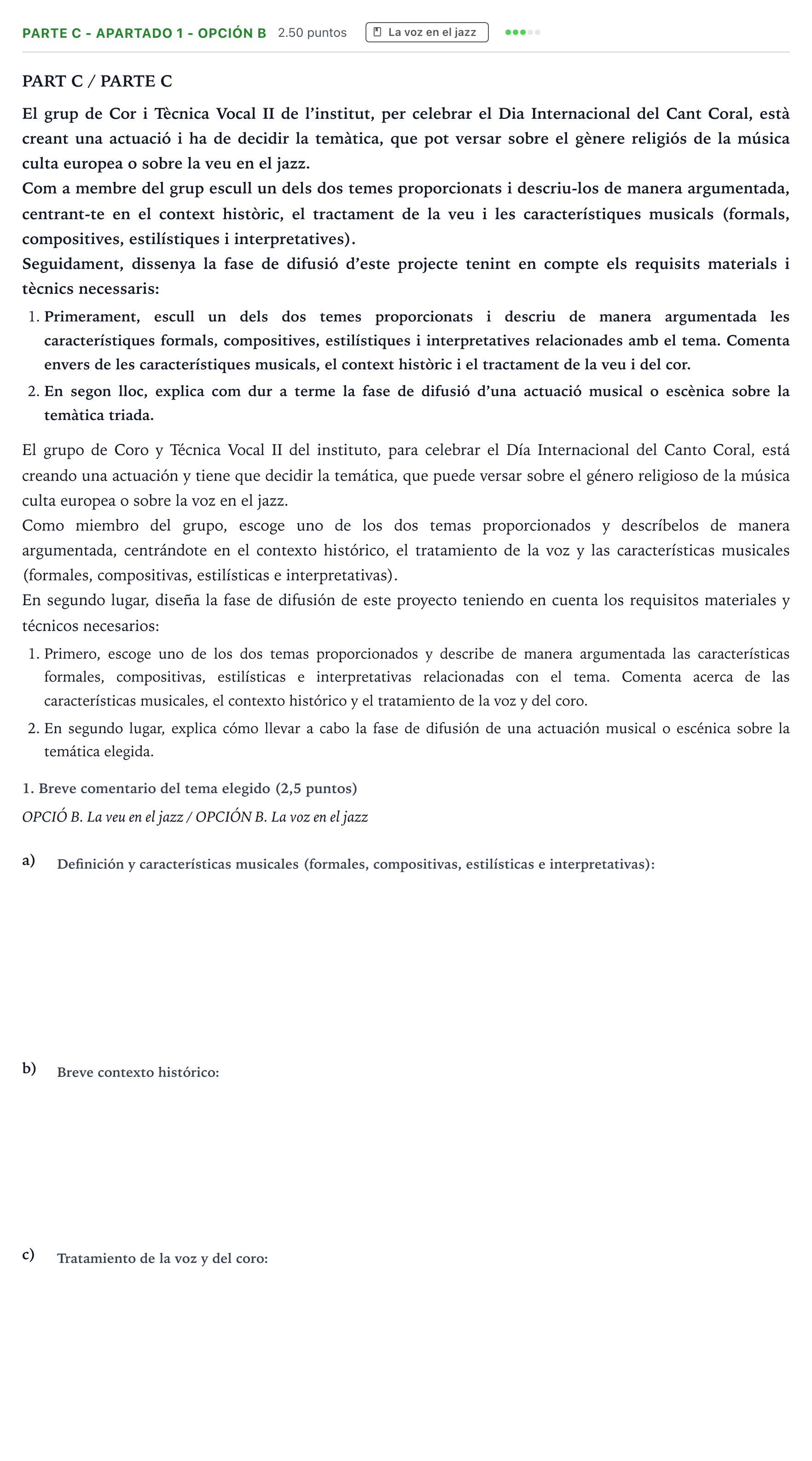 Enunciado: Ejercicio Parte C - Apartado 1 - Opción B · Coro y Técnica Vocal PAU Valencia Ordinaria 2025