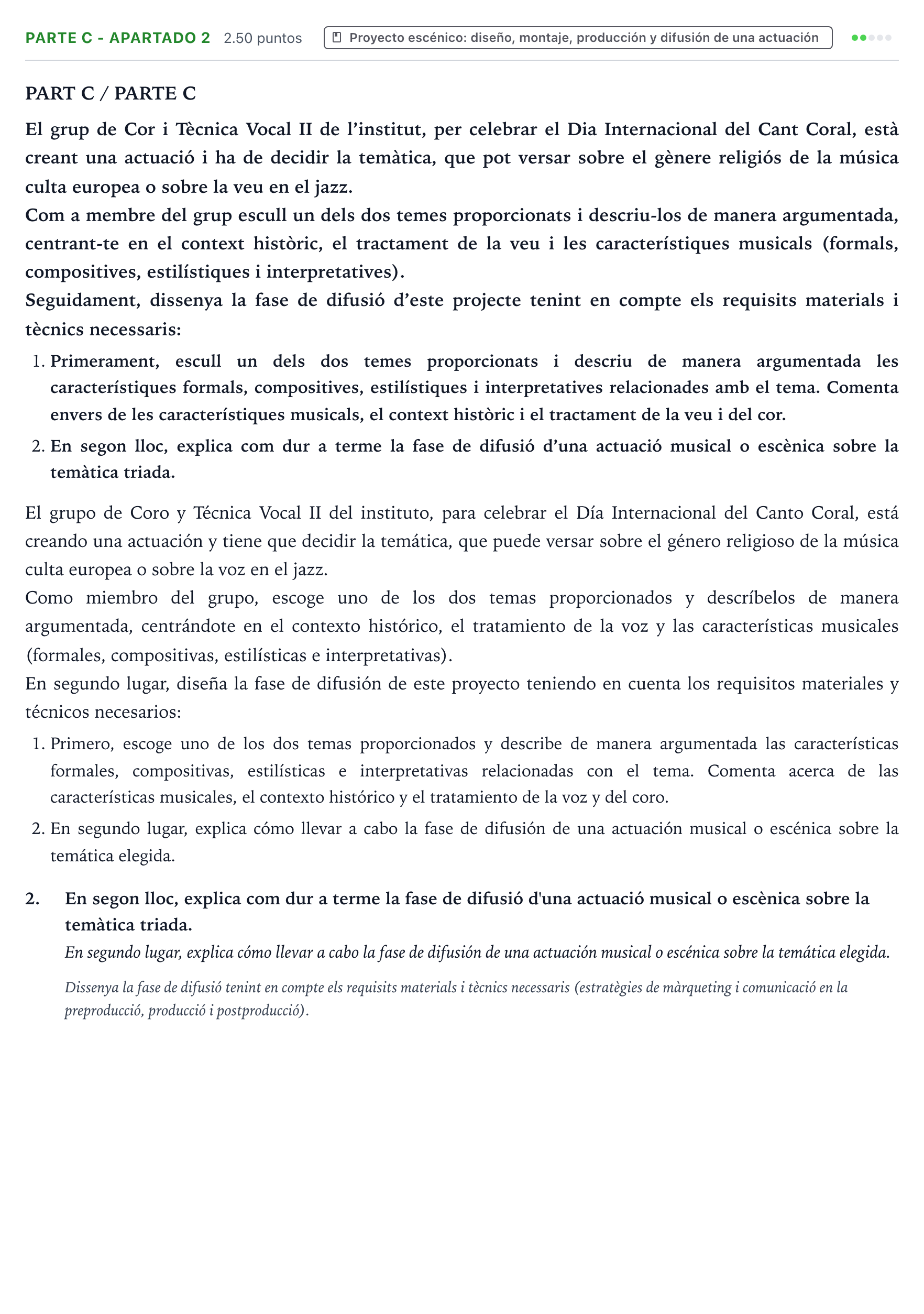 Enunciado: Ejercicio Parte C - Apartado 2 · Coro y Técnica Vocal PAU Valencia Ordinaria 2025