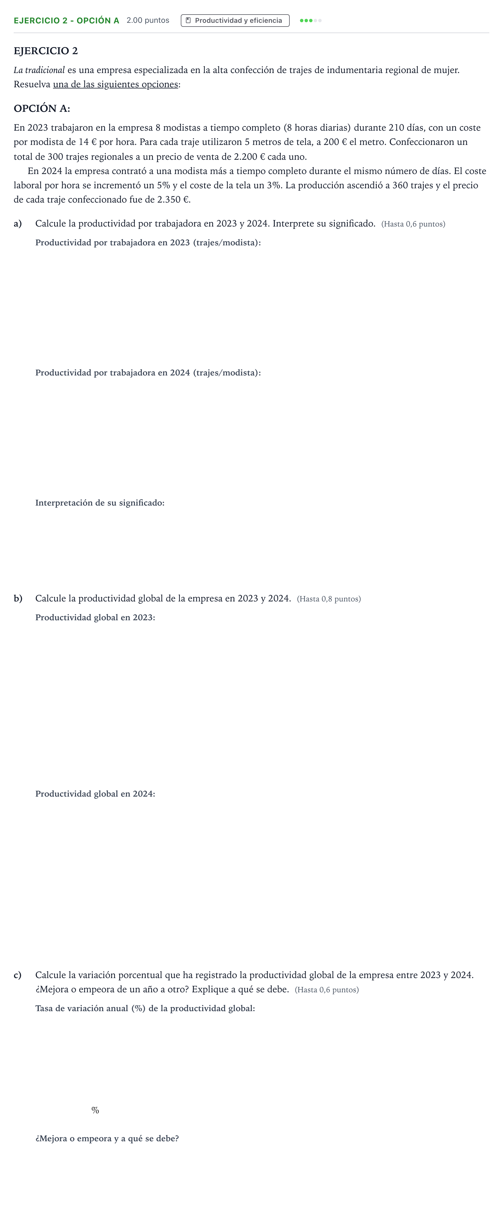 Enunciado: Ejercicio 2 - Opción A · Empresa y Diseño de Modelos de Negocio PAU Valencia Extraordinaria DANA 2025