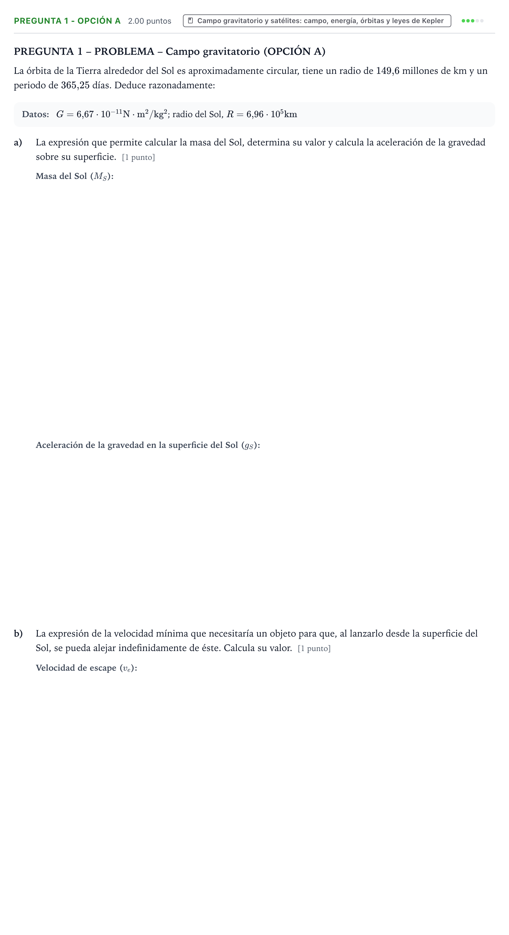 Enunciado: Pregunta 1 - Opción A · Física PAU Valencia Ordinaria solapamiento 2025
