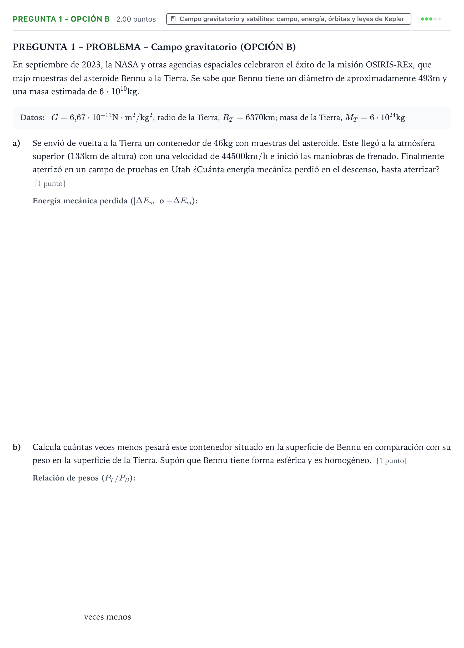 Enunciado: Pregunta 1 - Opción B · Física PAU Valencia Ordinaria solapamiento 2025