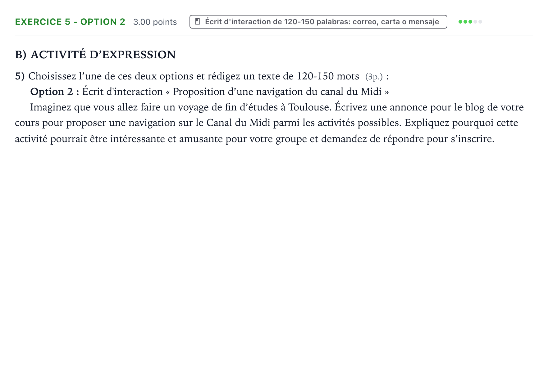 Enunciado: Ejercicio 5 - Option 2 · Francés PAU Valencia Ordinaria solapamiento 2025