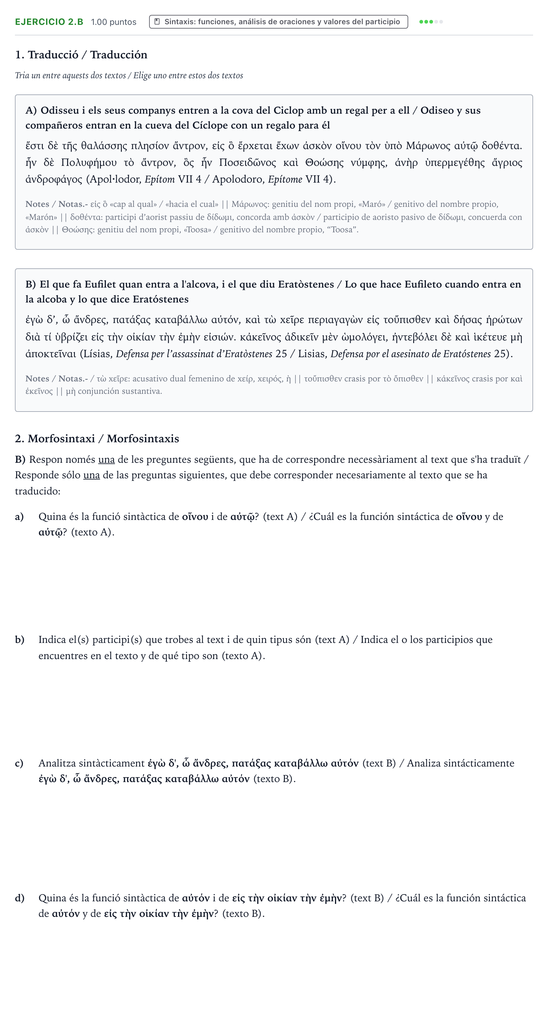 Enunciado: Ejercicio 2.B - Sintaxis · Griego II PAU Valencia Extraordinaria 2025