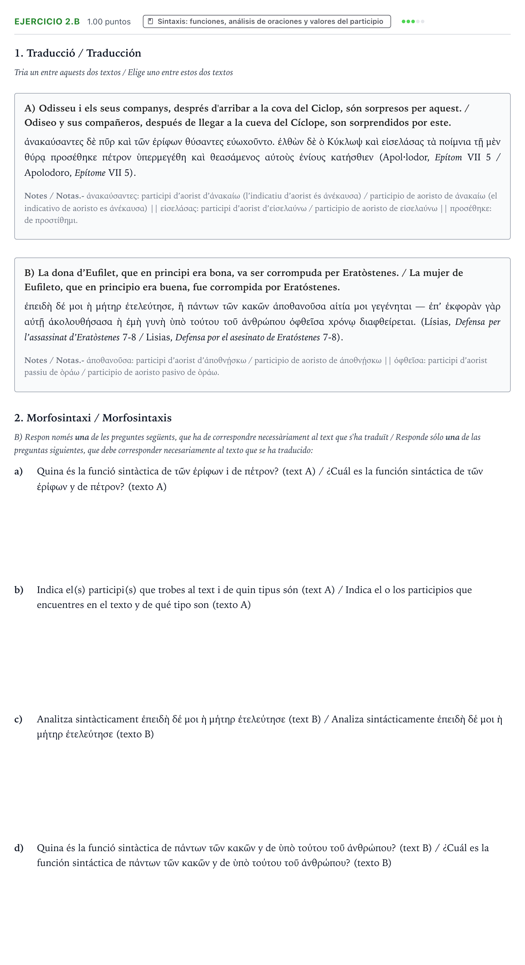 Enunciado: Ejercicio 2.B - Sintaxis · Griego II PAU Valencia Ordinaria 2025