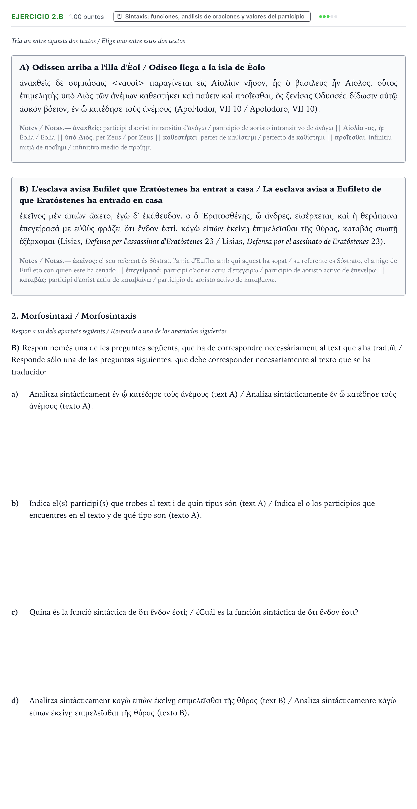 Enunciado: Ejercicio 2.B - Sintaxis · Griego II PAU Valencia Ordinaria solapamiento 2025