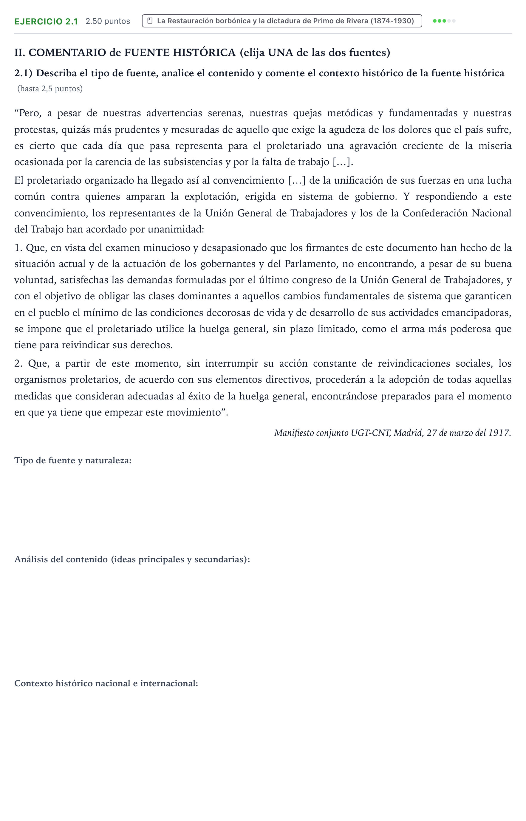 Enunciado: Ejercicio 2.1 · Historia de España PAU Valencia Extraordinaria DANA 2025