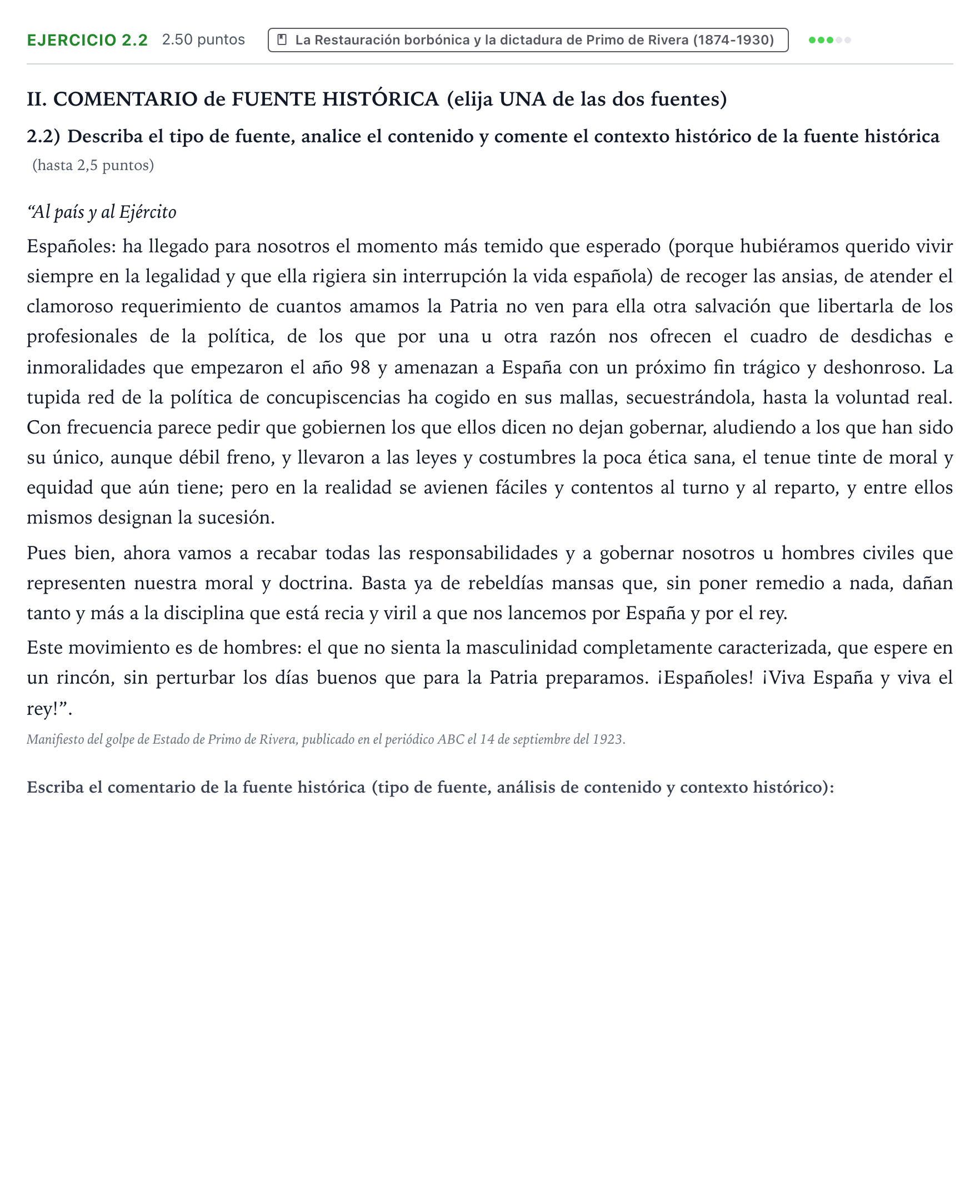 Enunciado: Ejercicio 2.2 · Historia de España PAU Valencia Extraordinaria DANA 2025