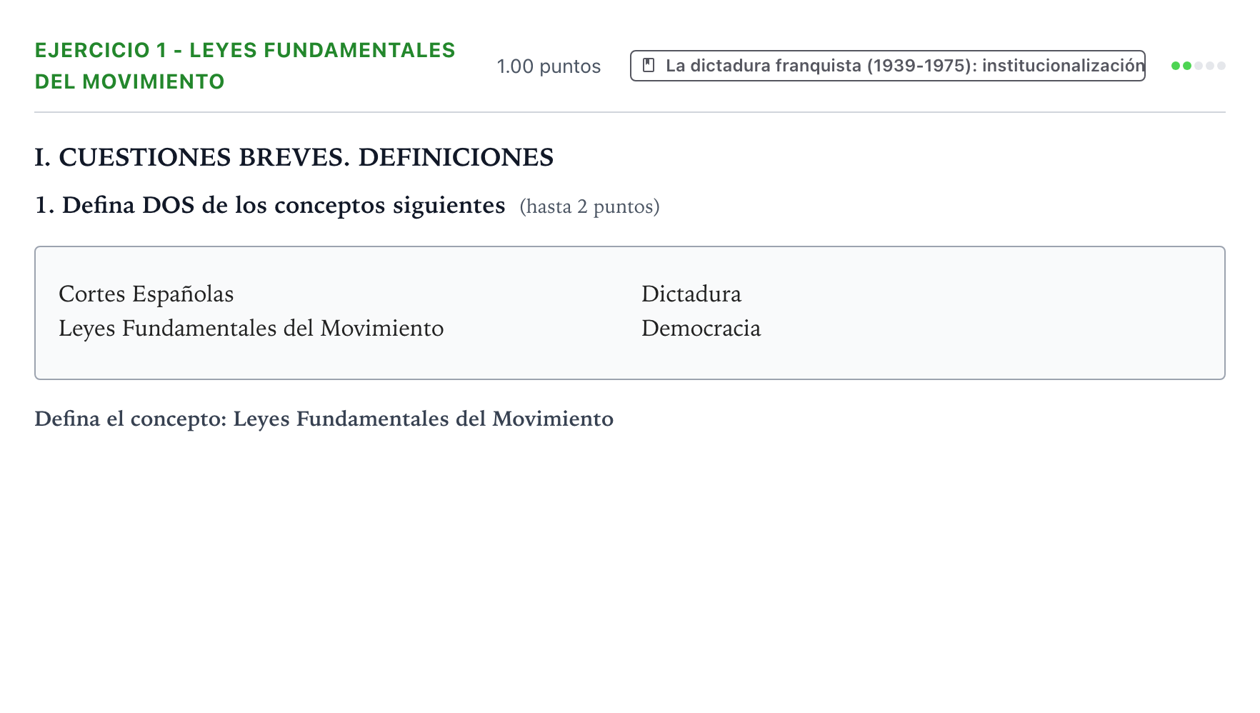 Enunciado: Ejercicio 1 - Leyes Fundamentales del Movimiento · Historia de España PAU Valencia Extraordinaria 2025