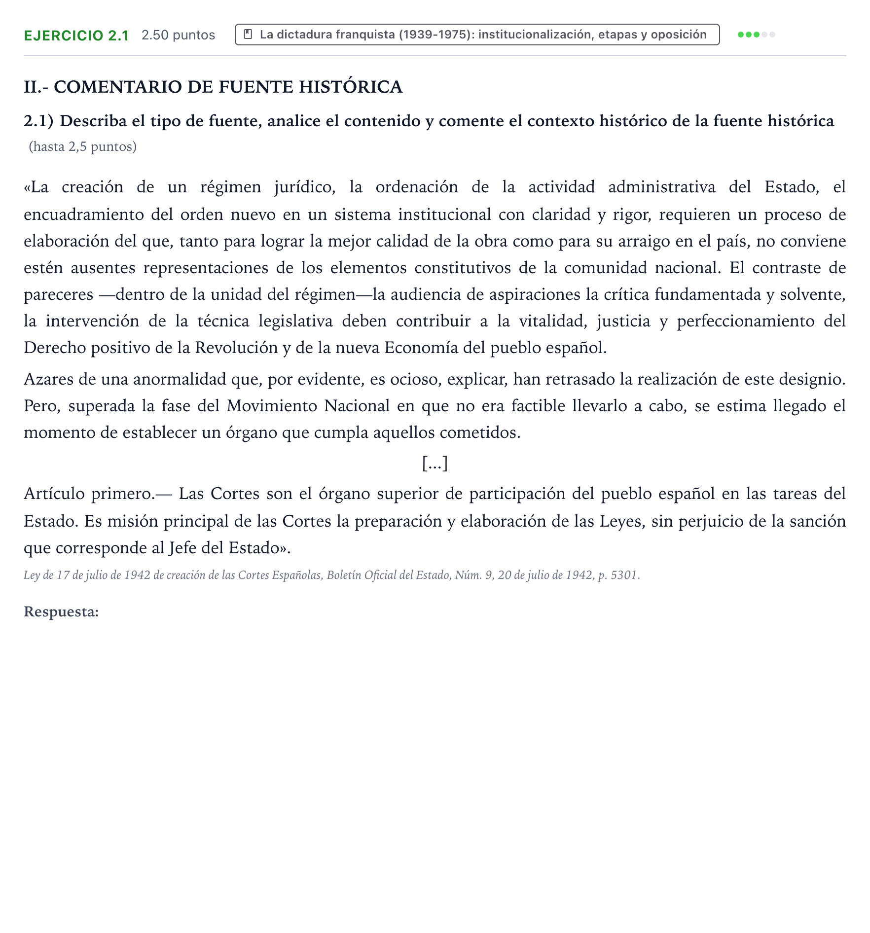 Enunciado: Ejercicio 2.1 · Historia de España PAU Valencia Extraordinaria 2025
