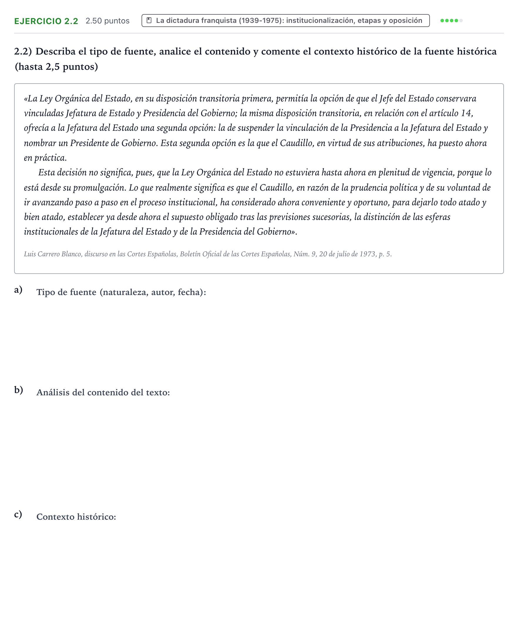 Enunciado: Ejercicio 2.2 · Historia de España PAU Valencia Extraordinaria 2025