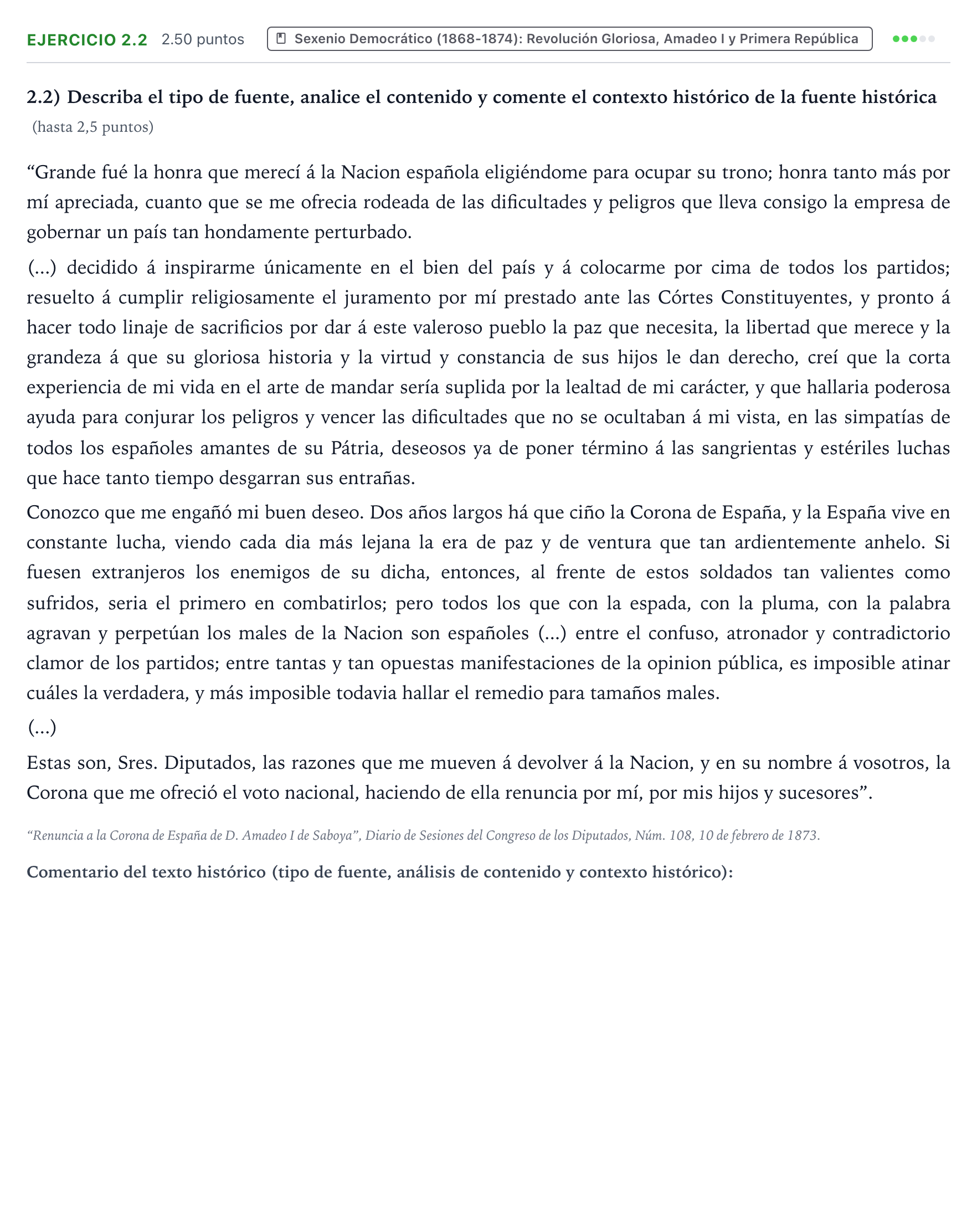 Enunciado: Ejercicio 2.2 · Historia de España PAU Valencia Ordinaria 2025