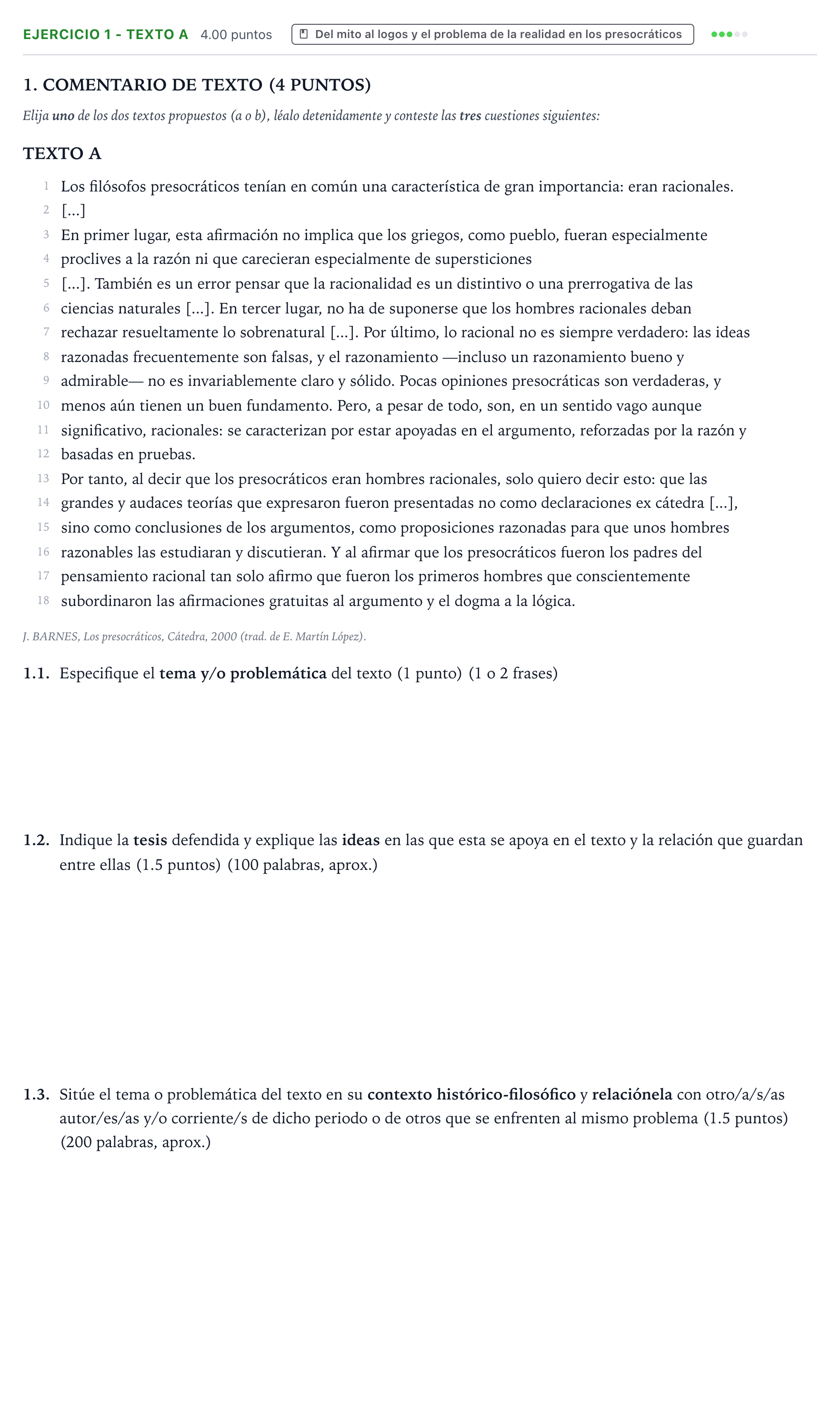 Enunciado: Ejercicio 1 - Texto A · Historia de la Filosofía PAU Valencia Ordinaria 2025