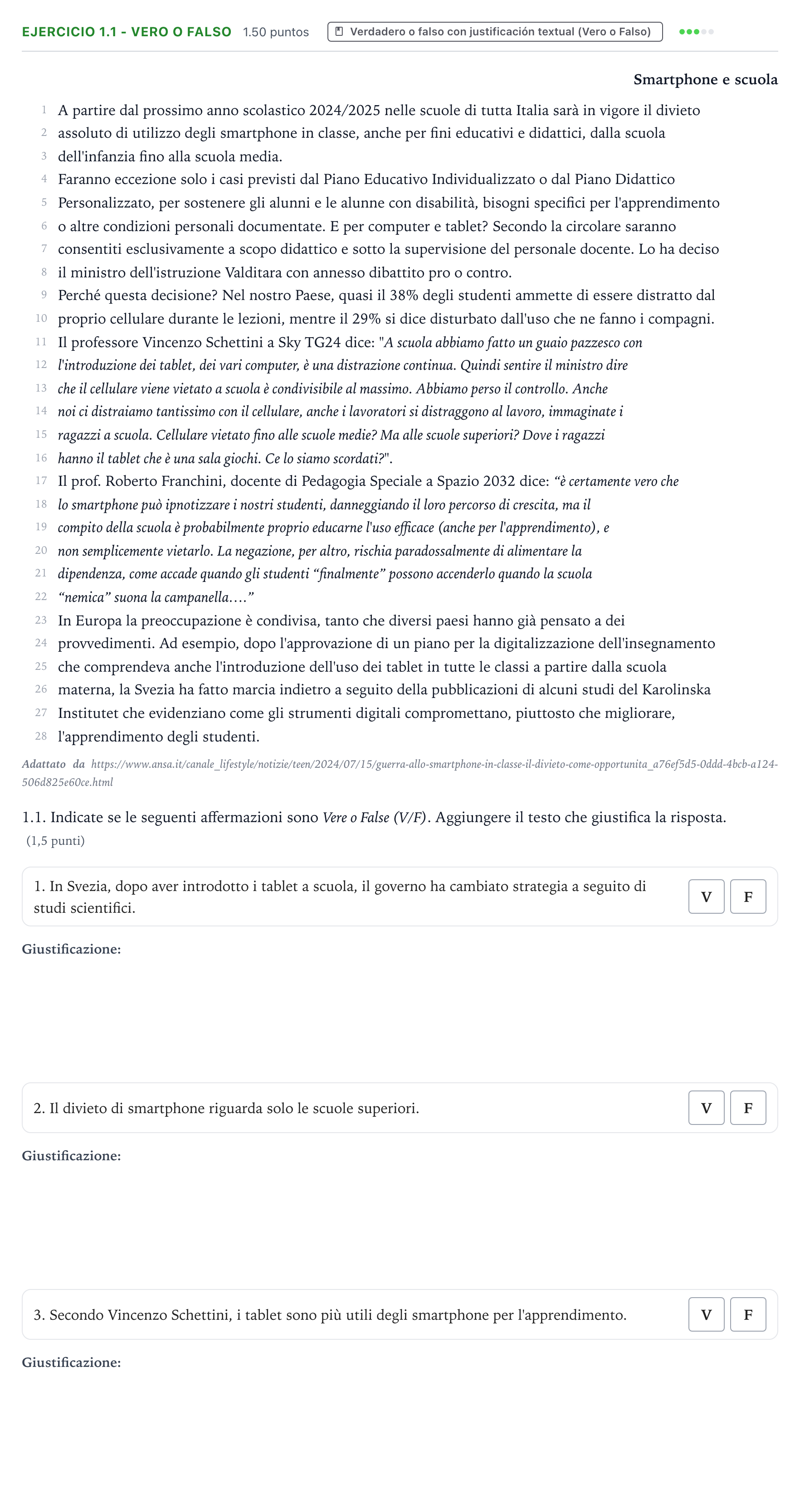 Enunciado: Ejercicio 1.1 - Vero o Falso · Italiano PAU Valencia Extraordinaria 2025