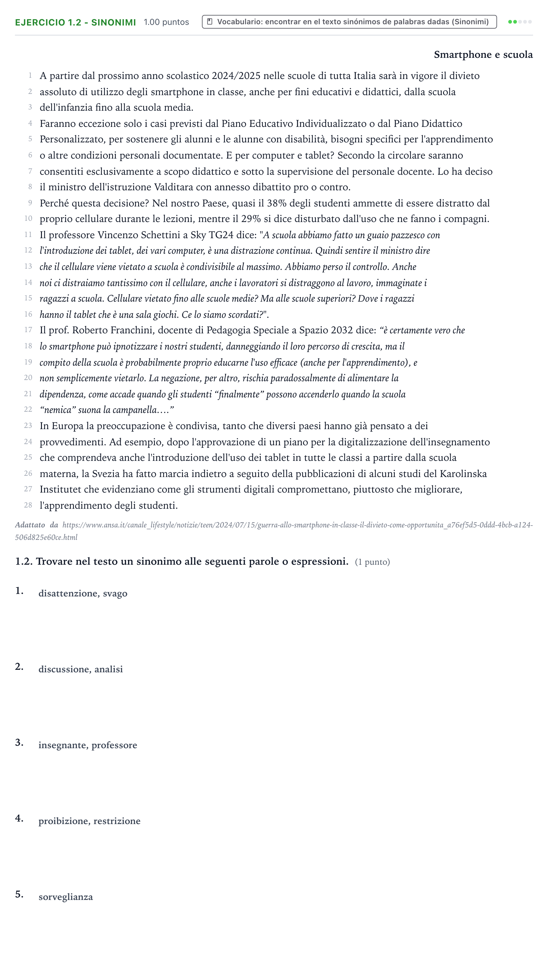 Enunciado: Ejercicio 1.2 - Sinonimi · Italiano PAU Valencia Extraordinaria 2025