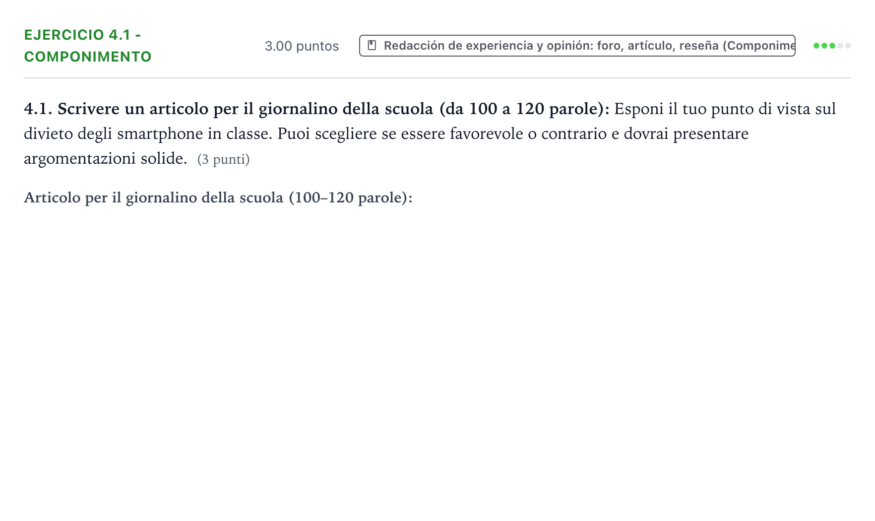 Enunciado: Ejercicio 4.1 - Componimento · Italiano PAU Valencia Extraordinaria 2025