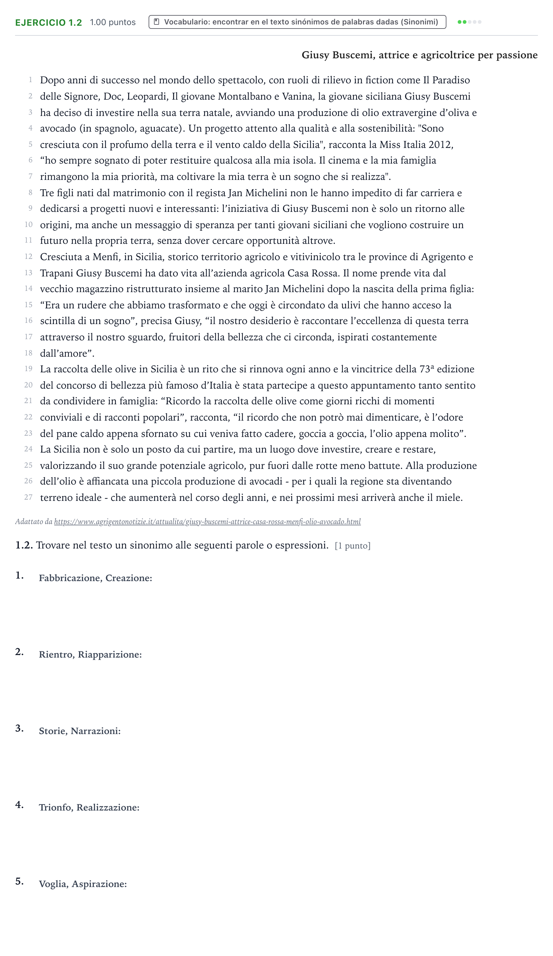 Enunciado: Ejercicio 1.2 · Italiano PAU Valencia Extraordinaria solapamiento 2025