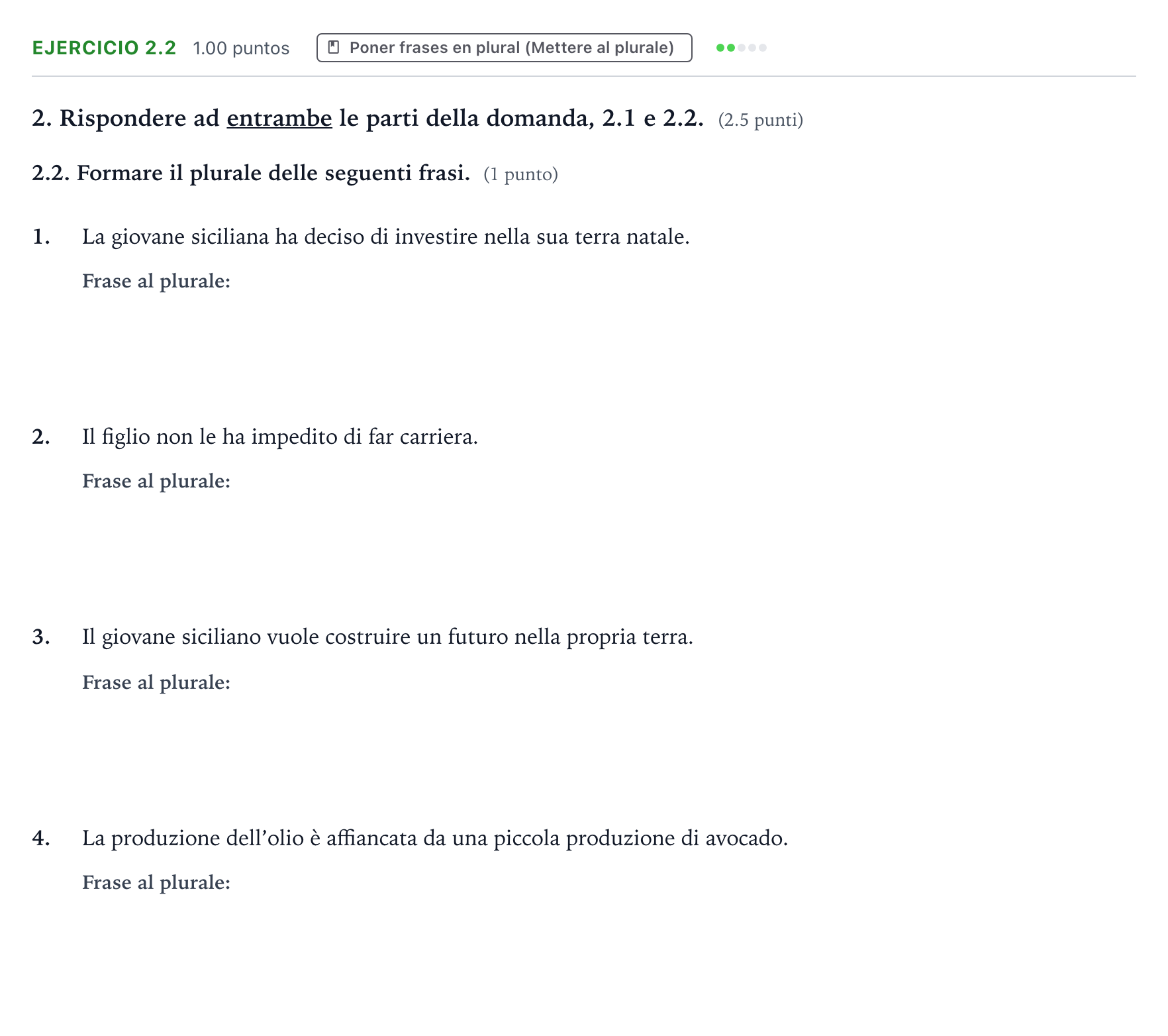 Enunciado: Ejercicio 2.2 · Italiano PAU Valencia Extraordinaria solapamiento 2025