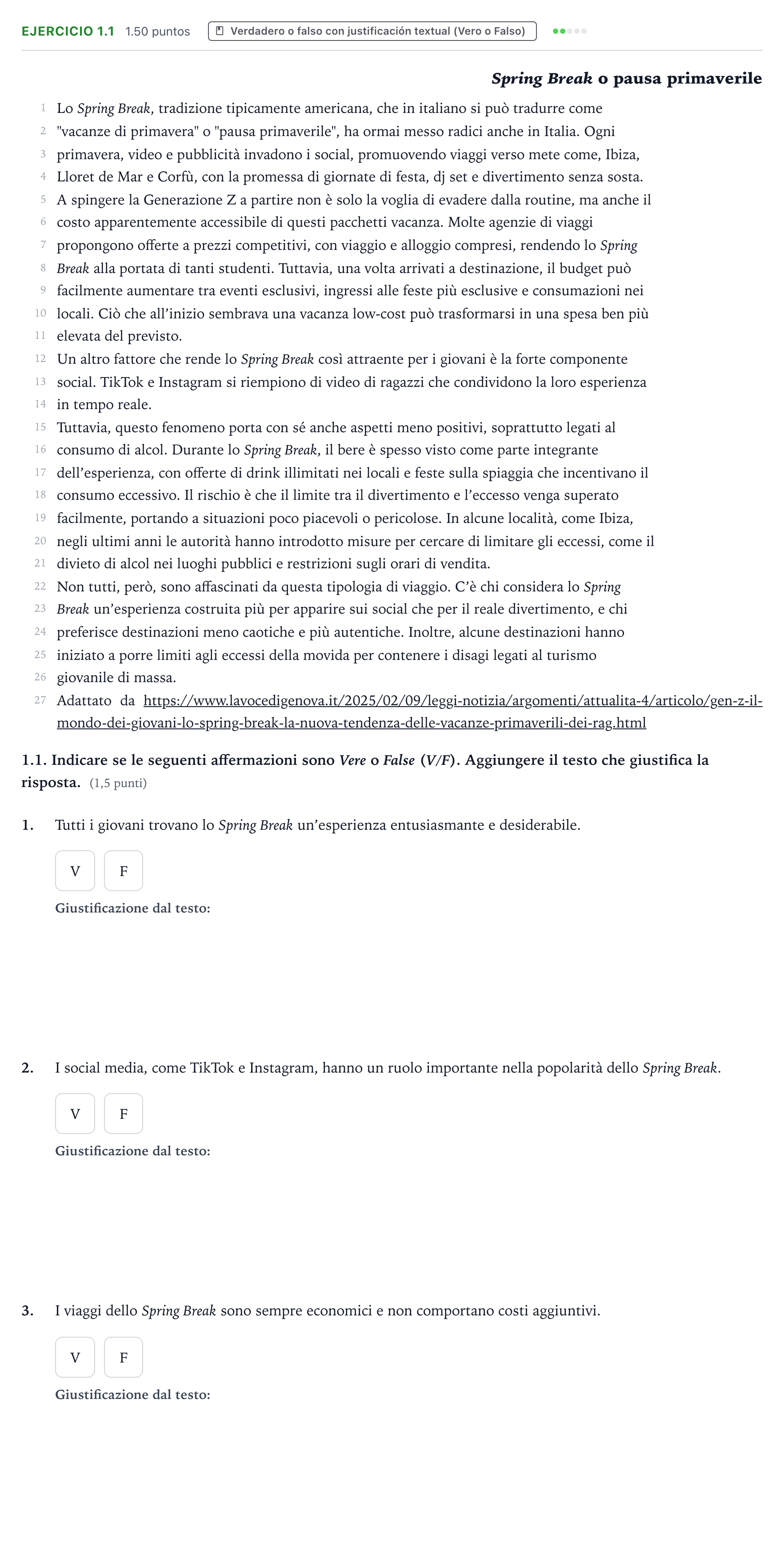Enunciado: Ejercicio 1.1 · Italiano PAU Valencia Ordinaria 2025