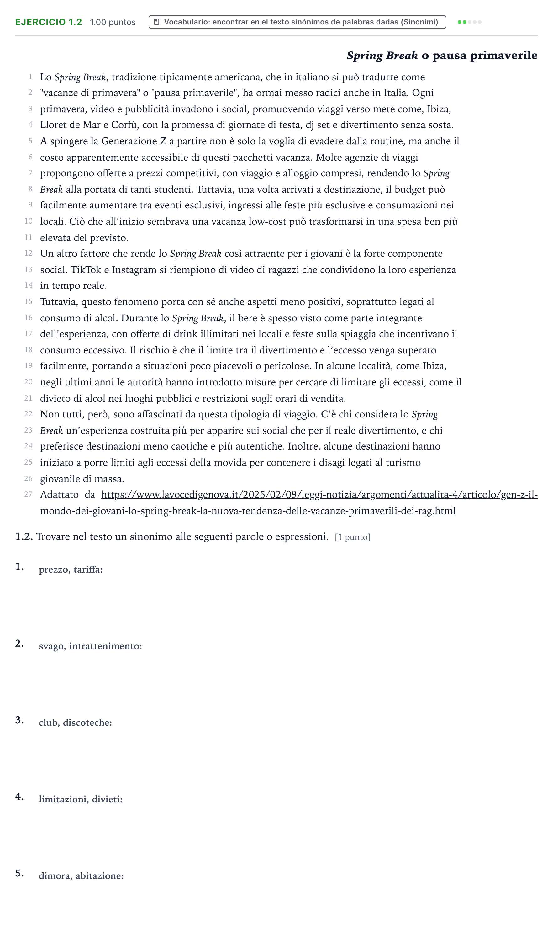 Enunciado: Ejercicio 1.2 · Italiano PAU Valencia Ordinaria 2025