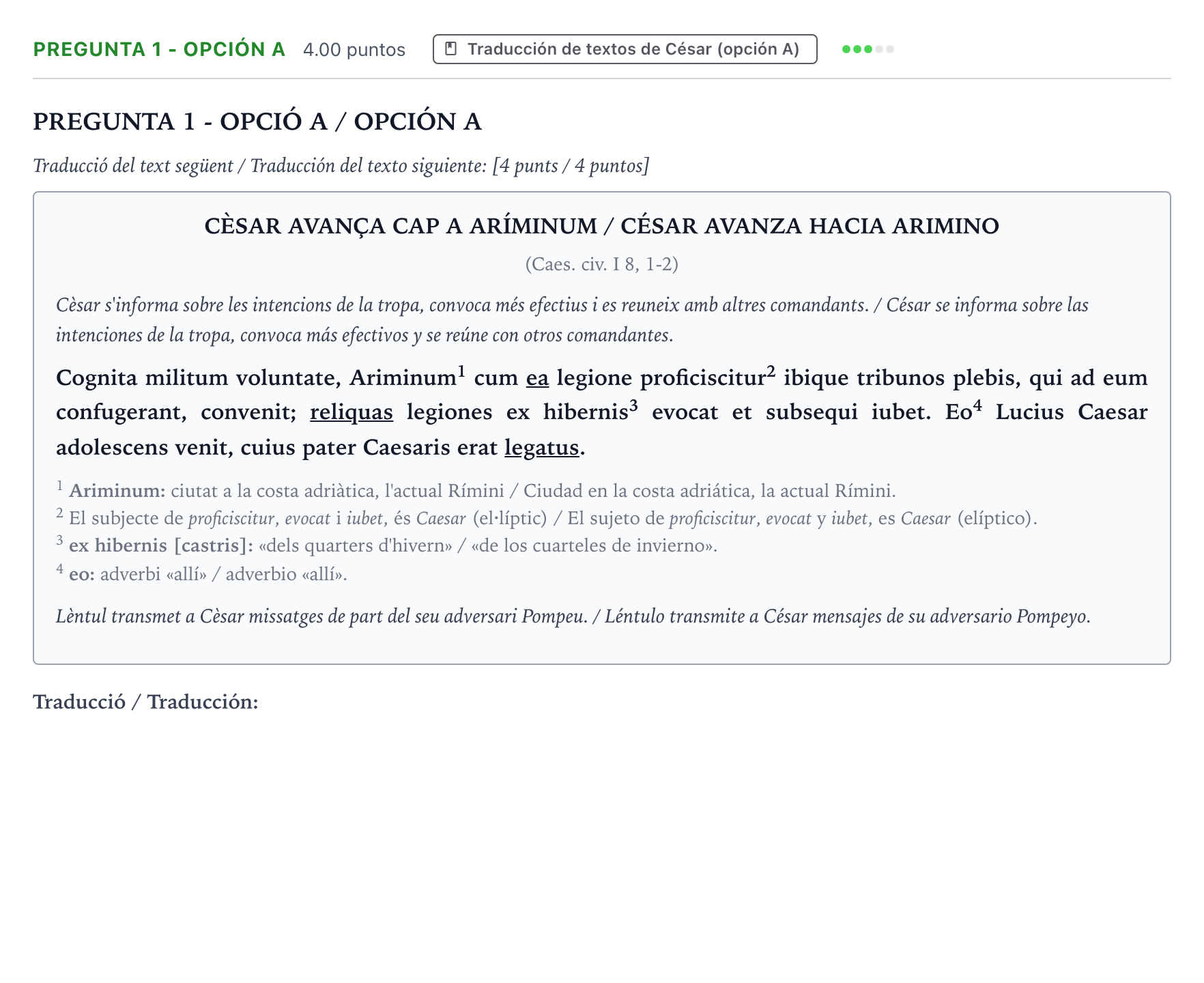 Enunciado: Pregunta 1 - Opción A · Latín II PAU Valencia Extraordinaria 2025