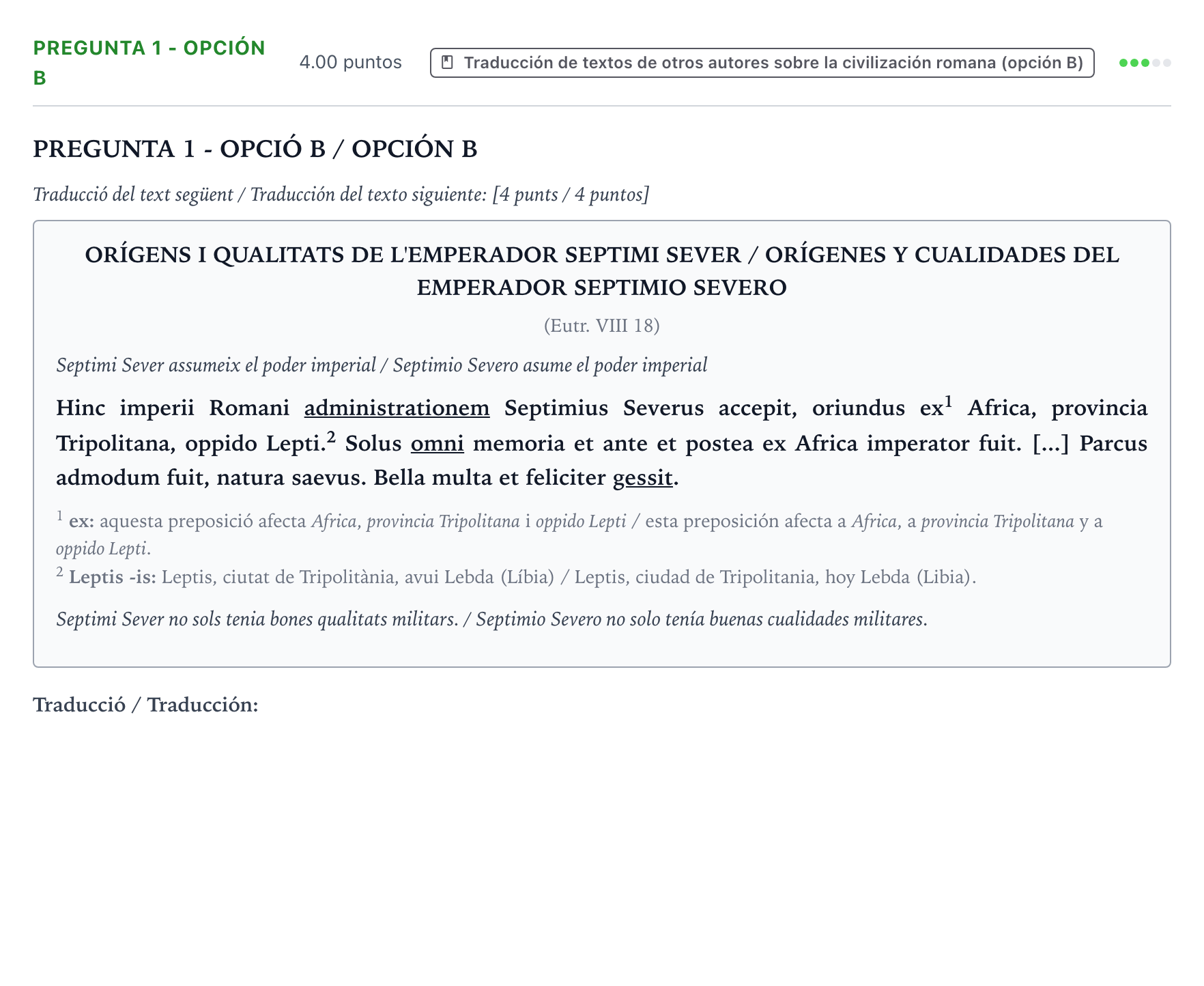 Enunciado: Pregunta 1 - Opción B · Latín II PAU Valencia Extraordinaria 2025
