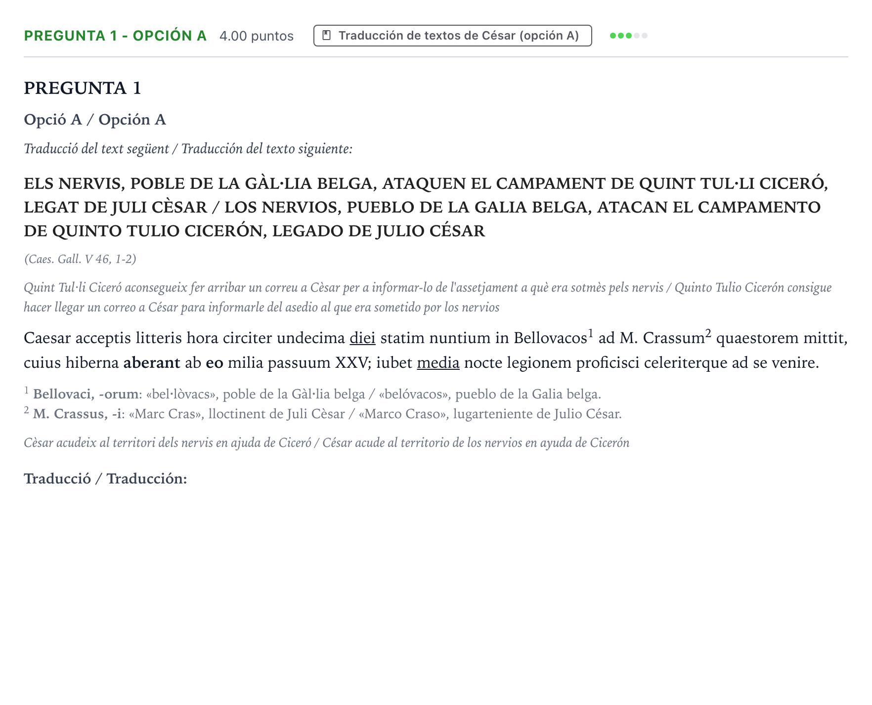 Enunciado: Pregunta 1 - Opción A · Latín II PAU Valencia Extraordinaria solapamiento 2025