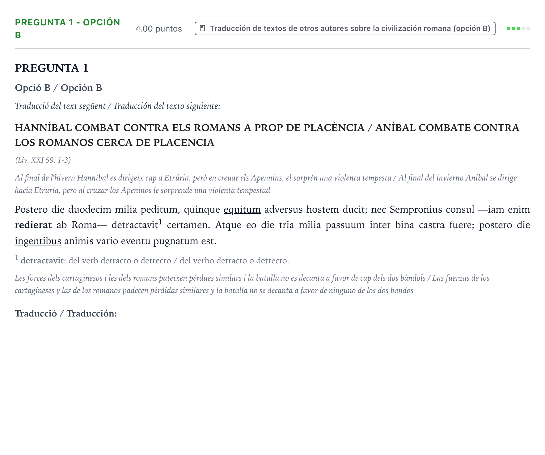 Enunciado: Pregunta 1 - Opción B · Latín II PAU Valencia Extraordinaria solapamiento 2025