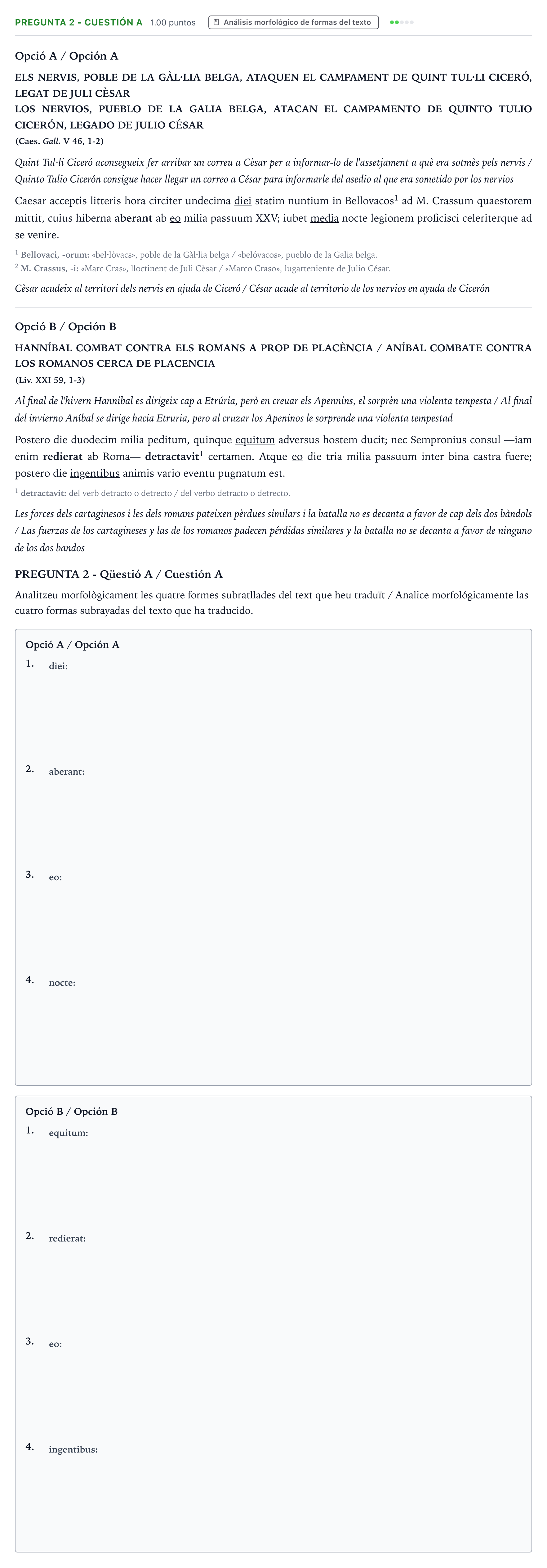 Enunciado: Pregunta 2 - Cuestión A · Latín II PAU Valencia Extraordinaria solapamiento 2025