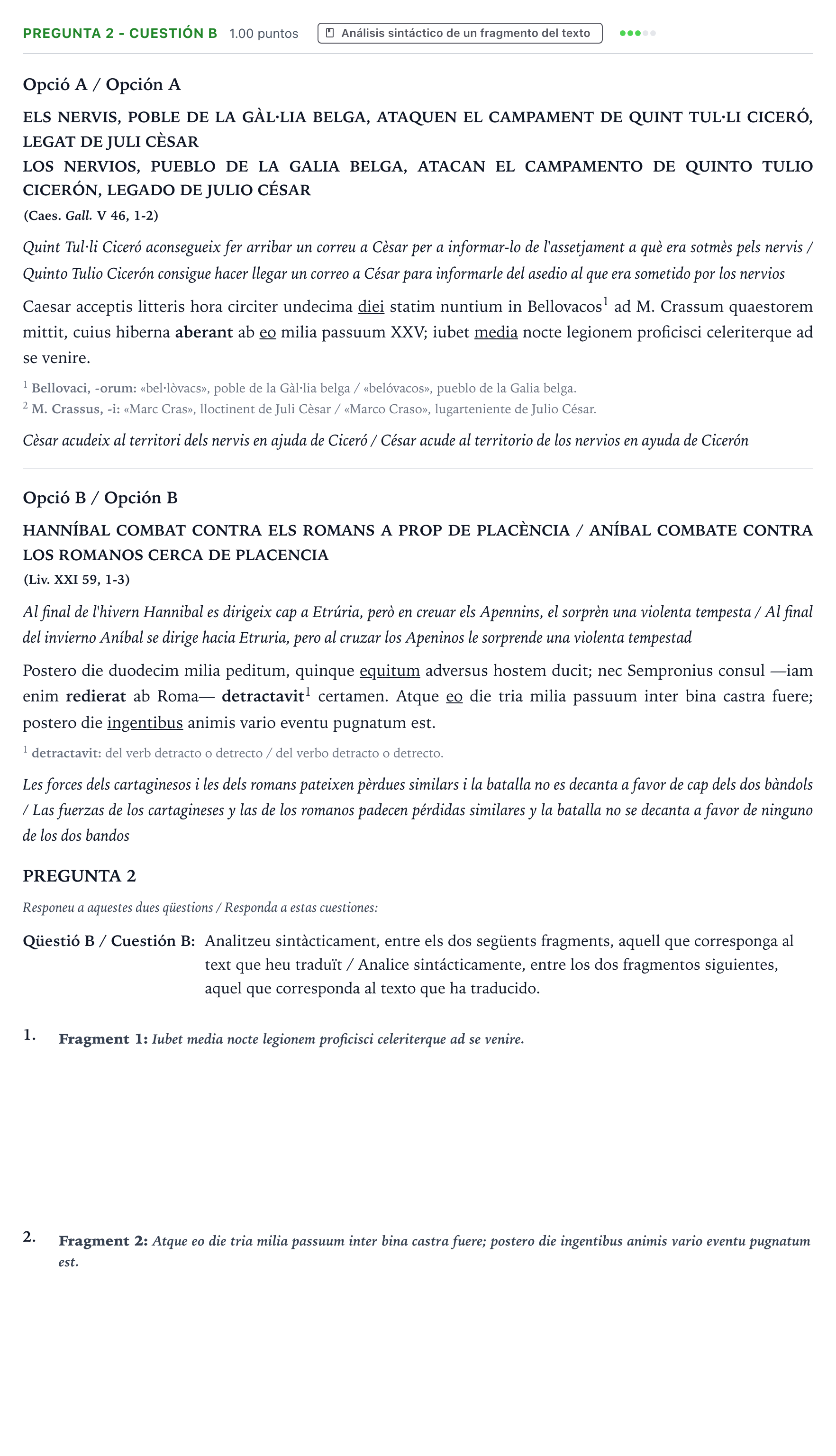 Enunciado: Pregunta 2 - Cuestión B · Latín II PAU Valencia Extraordinaria solapamiento 2025