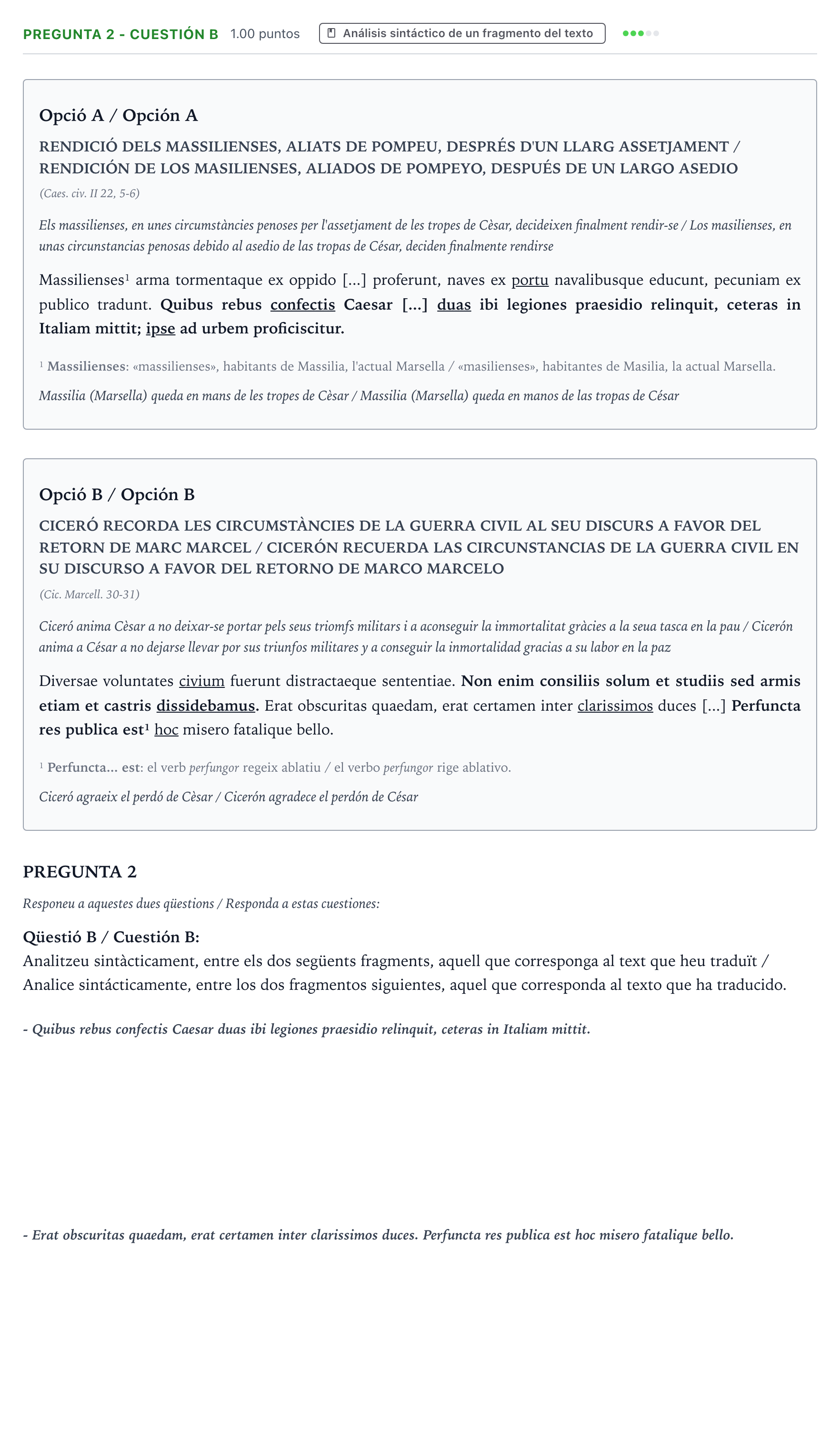 Enunciado: Pregunta 2 - Cuestión B · Latín II PAU Valencia Ordinaria 2025