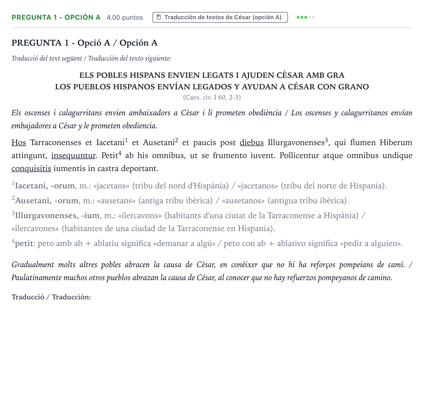 Enunciado: Pregunta 1 - Opción A · Latín II PAU Valencia Ordinaria solapamiento 2025