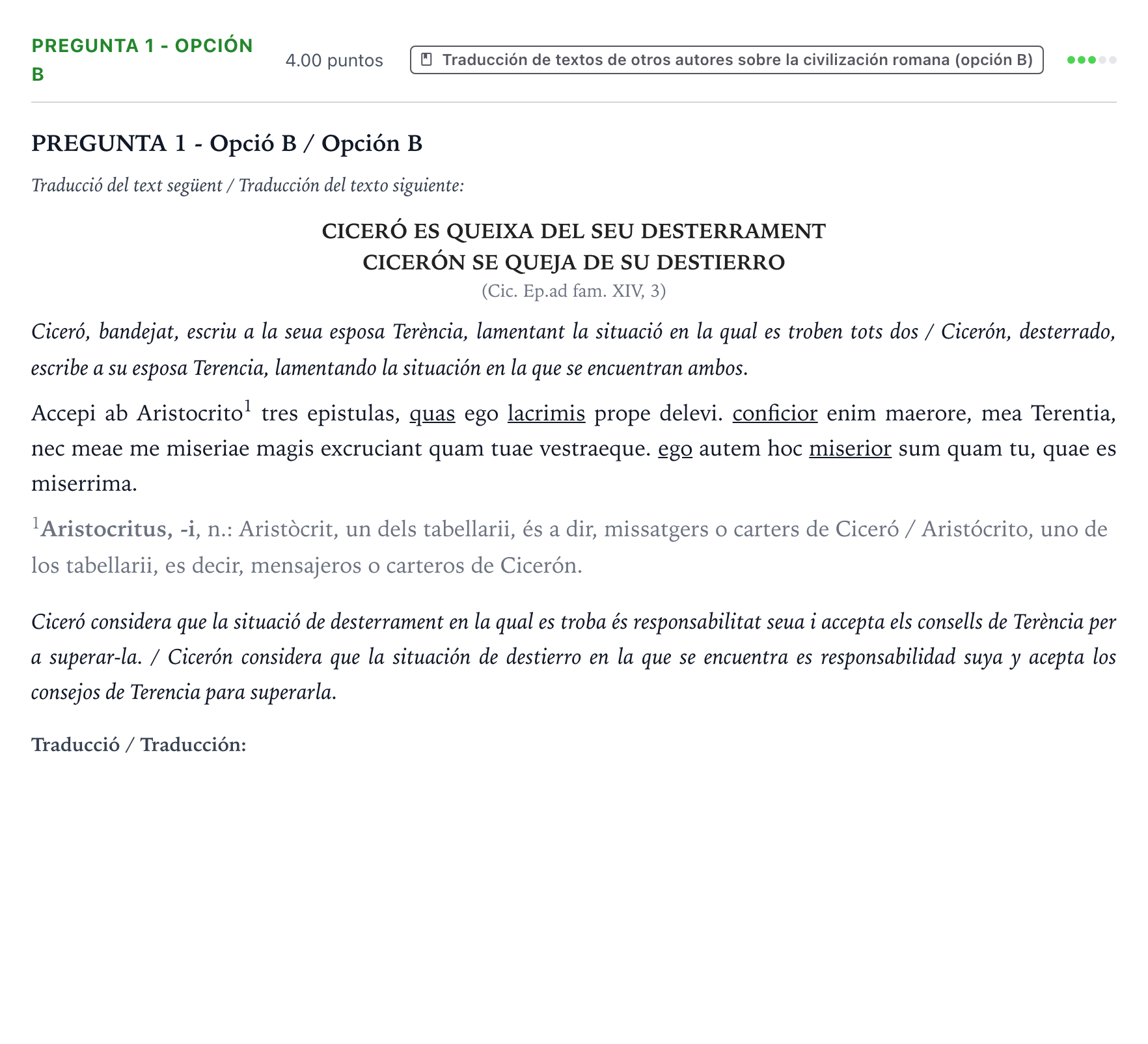 Enunciado: Pregunta 1 - Opción B · Latín II PAU Valencia Ordinaria solapamiento 2025