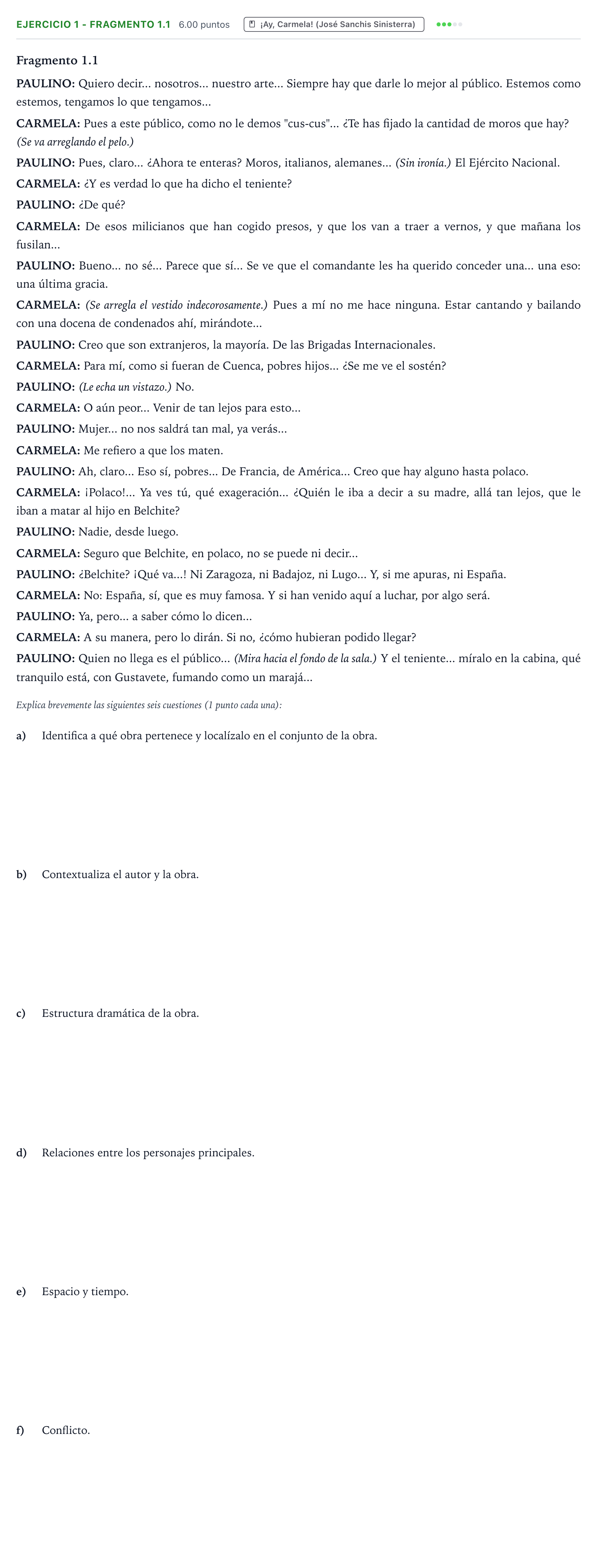 Enunciado: Ejercicio 1 - Fragmento 1.1 · Literatura Dramática PAU Valencia Extraordinaria 2025