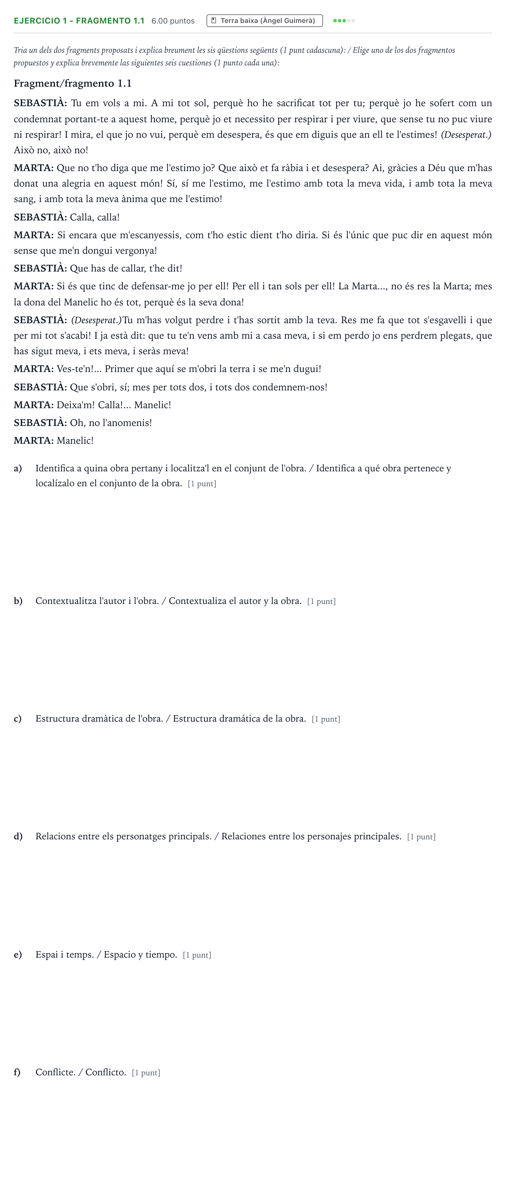 Enunciado: Ejercicio 1 - Fragmento 1.1 · Literatura Dramática PAU Valencia Ordinaria 2025